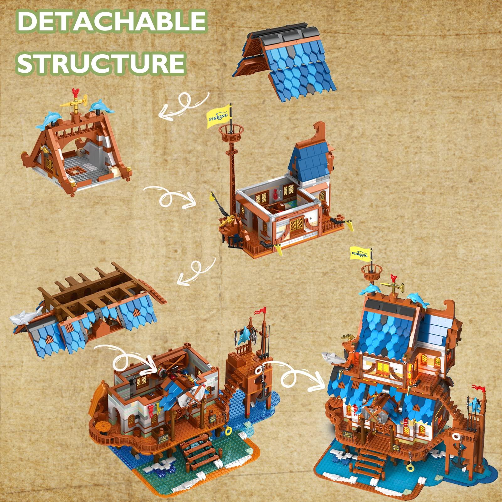 JMBricklayer JMBricklayer Medieval Fishing Shop Building Sets for Adults, LED Lighting Kit Creative Fishing Gear Store Castle House Model Toy, Collectible or Home Display, Ideas Gifts for Boys Girls 41107