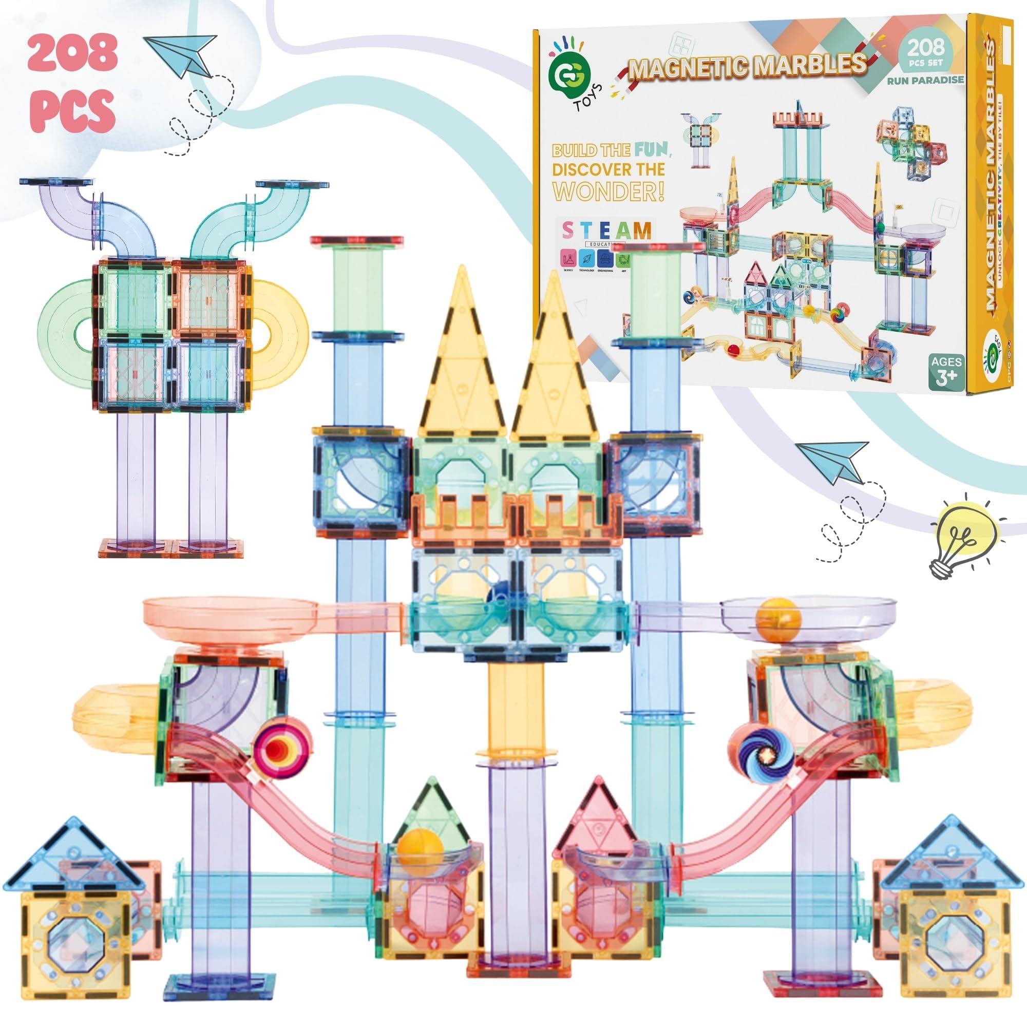 GG TOYS GG TOYS Magnetic Marble Run  208 PCS Magnetic Tiles & Construction Blocks Set  STEM Building Toys for Boys & Girls Ages 3-9  3D Educational Marble Race Game  Gift for Birthdays & Classrooms