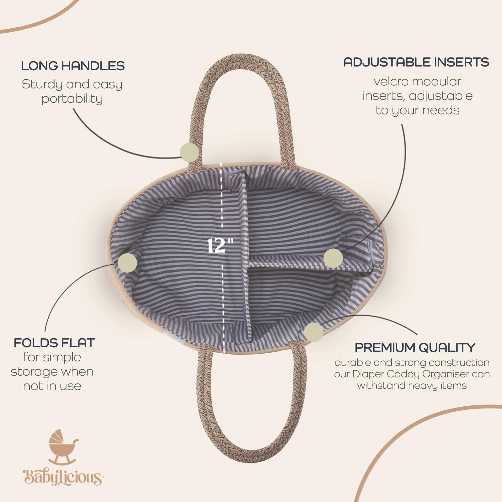 Babylicious Baby Diaper Caddy Organizer | Changing Table Organizer for Wipes and Diapers | Cotton Rope Diaper Organizer for Changing Table - Large | Newborn Essentials Must Haves for Parents - Sandy Beige