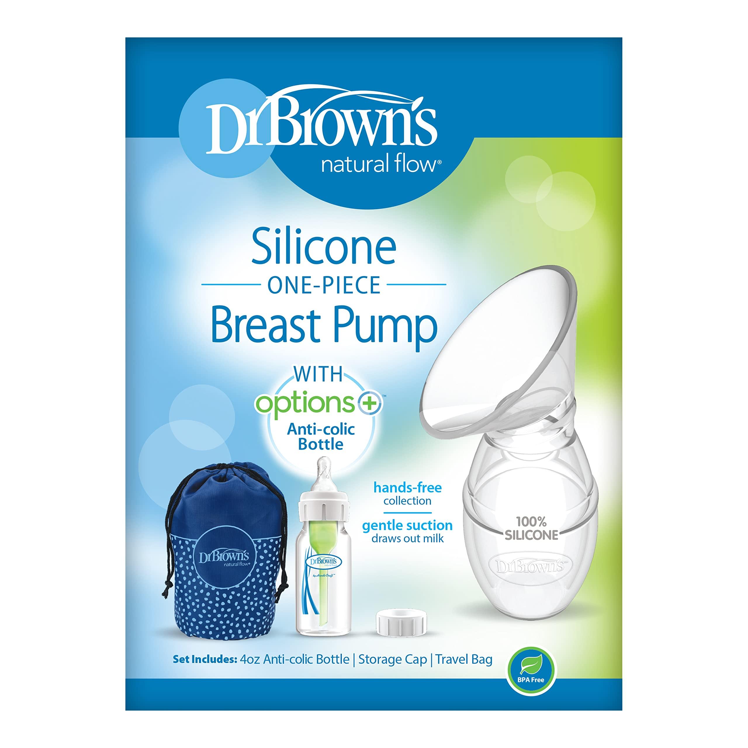 Dr. Brown\'s Dr. Brown's 100% Silicone One-Piece Breast Pump,Hands-Free Breast Milk Collector with Anti-Colic Options+ Baby Bottle (4 oz/120 mL),Level 1 Nipple,Travel Lid and Travel Bag