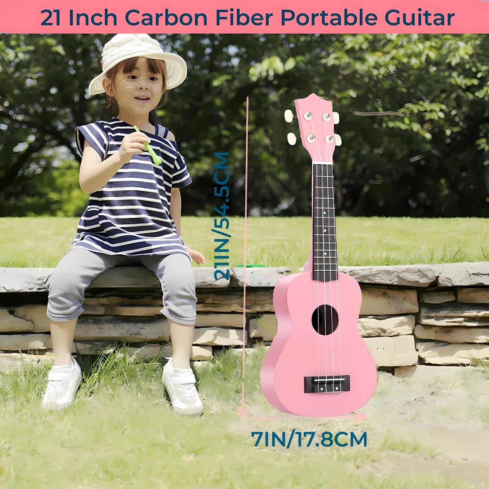 Jakeloo Kids Guitar Acoustic, Jakeloo 21 Inch Carbon Fibre Ukulele Toddler Acoustic Guitar Toy Guitar Child Guitar Musical Toy Kids Instruments Ideal for 3-9 Year Old Boys Girls Gifts (Pink)