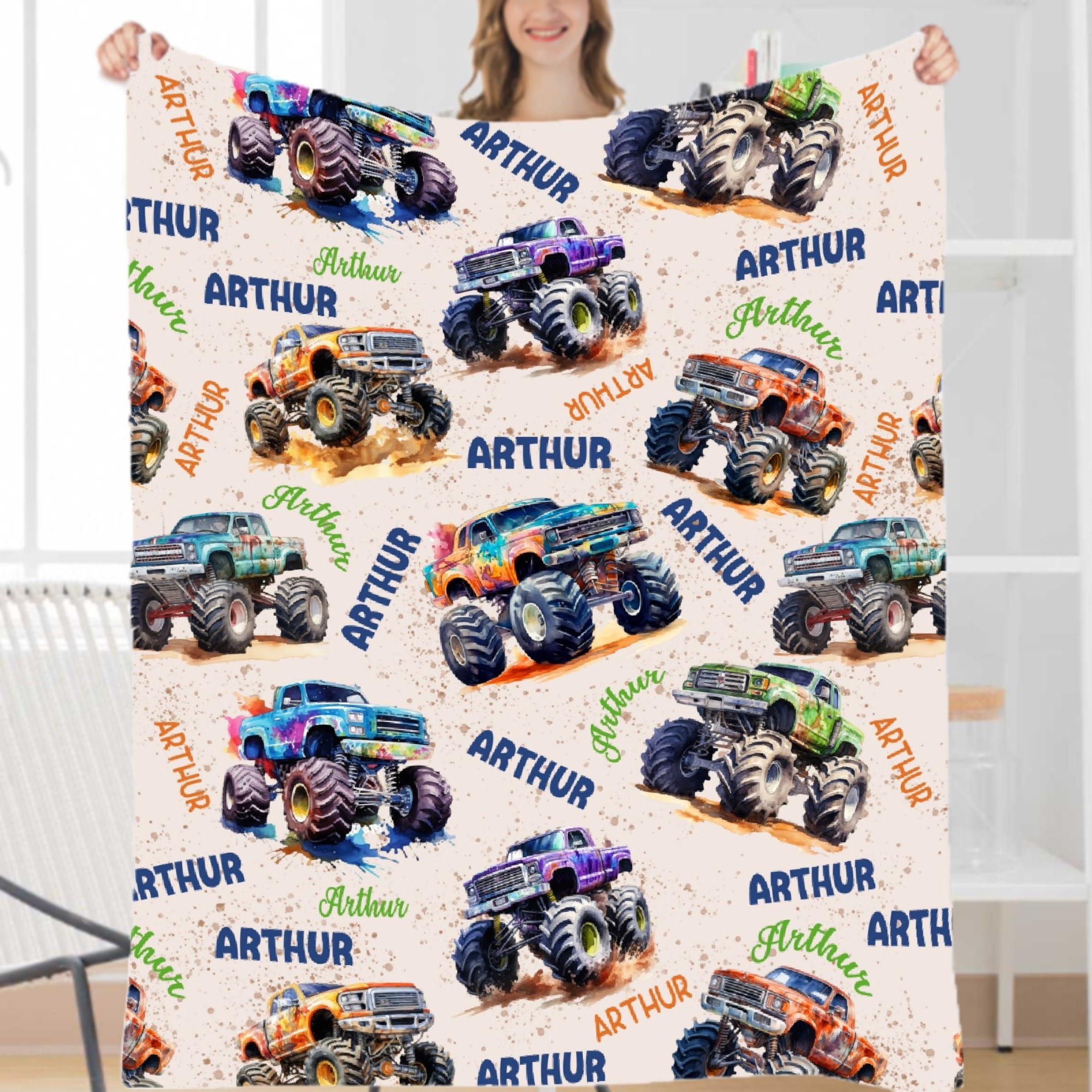 Todeyya Todeyya Personalized Mon-Ster Baby Blanket Gifts Custom Mon-Ster Trucks Toddler Blankets for Boys Mon-Ster Trucks Plush Throw Blanket, Trucks Bedding Room Decor for Boys 120"x90"