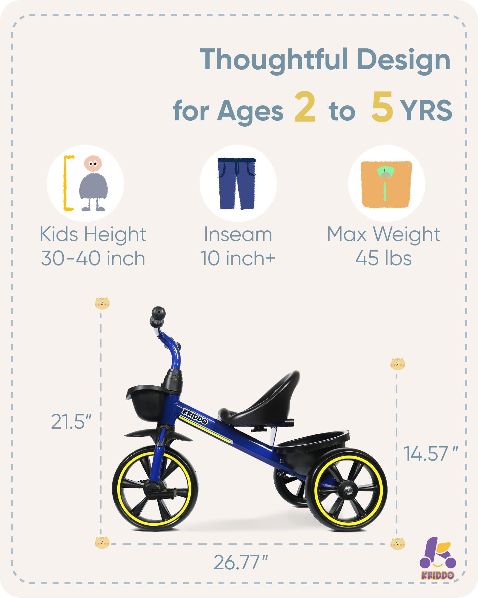 KRIDDO KRIDDO Kids Tricycles Age 24 Month to 4 Years, Toddler Kids Trike for 2.5 to 5 Year Old, Gift Toddler Tricycles for 2-4 Year Olds, Trikes for Toddlers, Blue