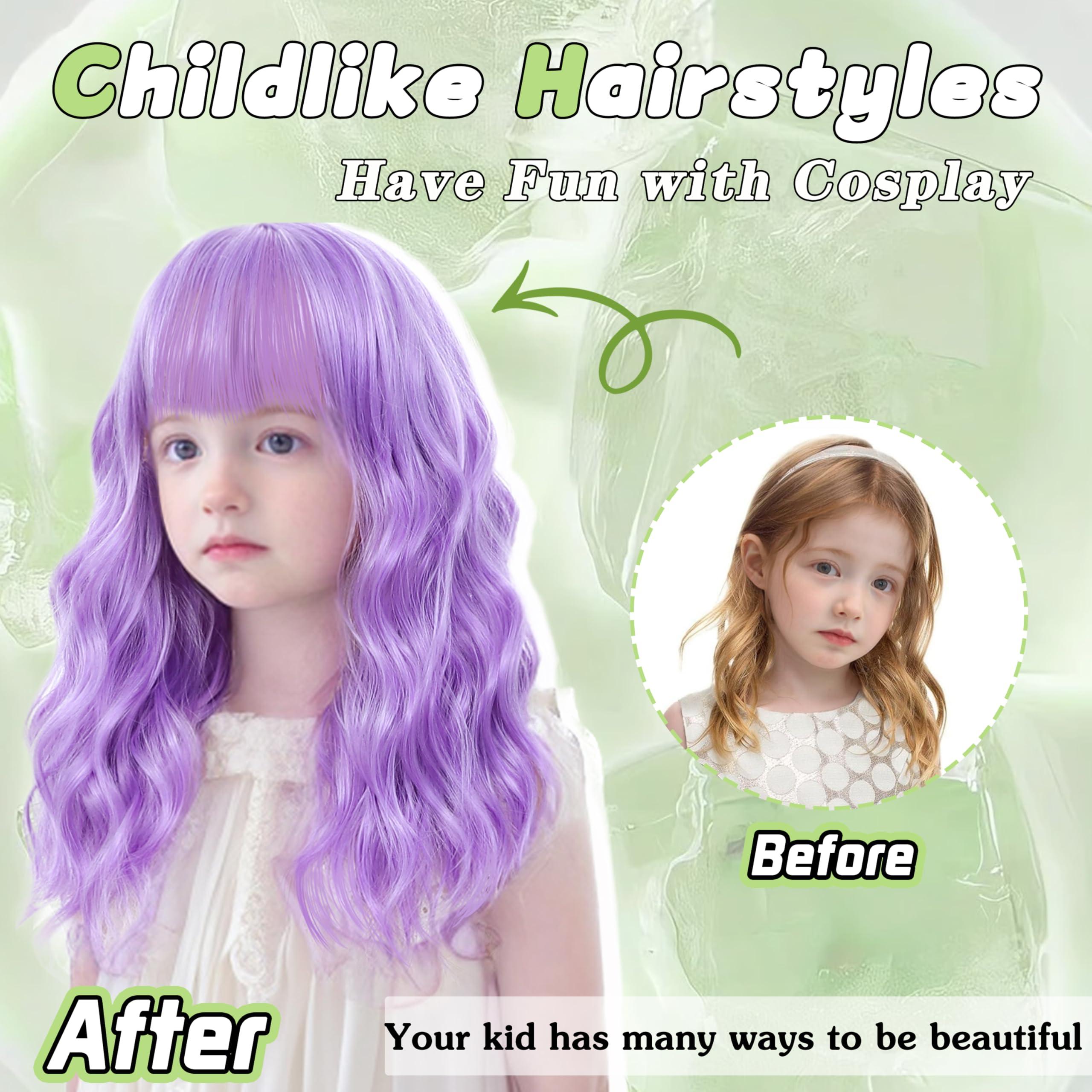 BUPPLER BUPPLER Kids Purple Wig with Bangs 14 Inch Halloween Cosplay Wigs for Kids Girls Wavy Hair Synthetic Wig with Upgraded Strands,Shoulder Length Wig for Costume Parties (14 Inch,Purple)