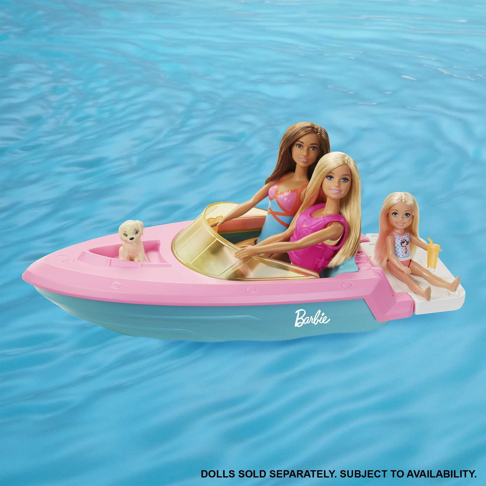 Barbie Barbie Toy Boat with Pet Puppy, Life Vest and Beverage Accessories, Fits 3 Dolls and Floats in Water