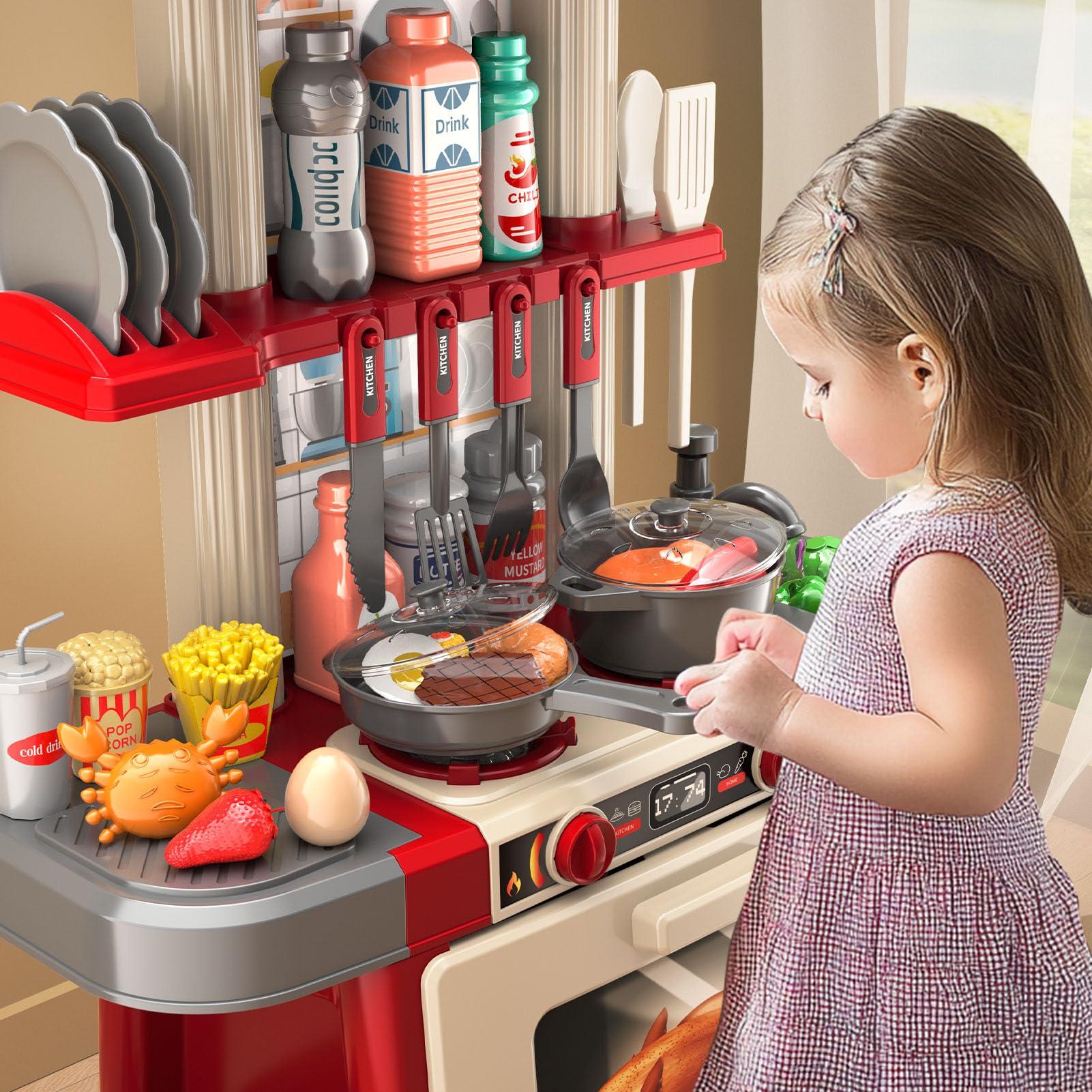 WATUDOU Kids Kitchen Playset for Toddlers, Kids Play Kitchen Set with Sounds and Lights for Toddlers 3-5 6-8, Pretend Food Toy Kitchens Christmas Birthday Gifts for Toddlers Kids 3 4 5 6 7 8 Years Old