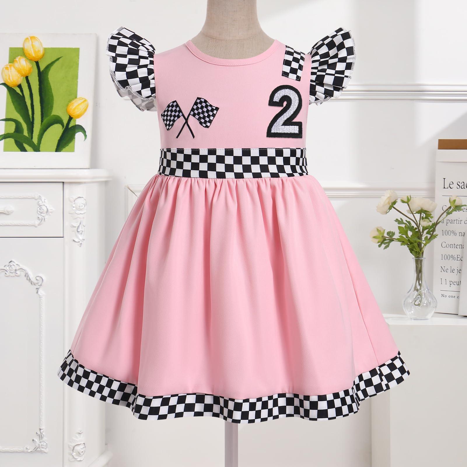 IMEKIS IMEKIS Baby Race Car Driver Costume: Toddler Race Track Costume 2nd Birthday Outfit Girl Baby Halloween Racecar Driver Suit 2 Year Old Smash Cake Photoshoot Dress Pink 2 18-24 Months