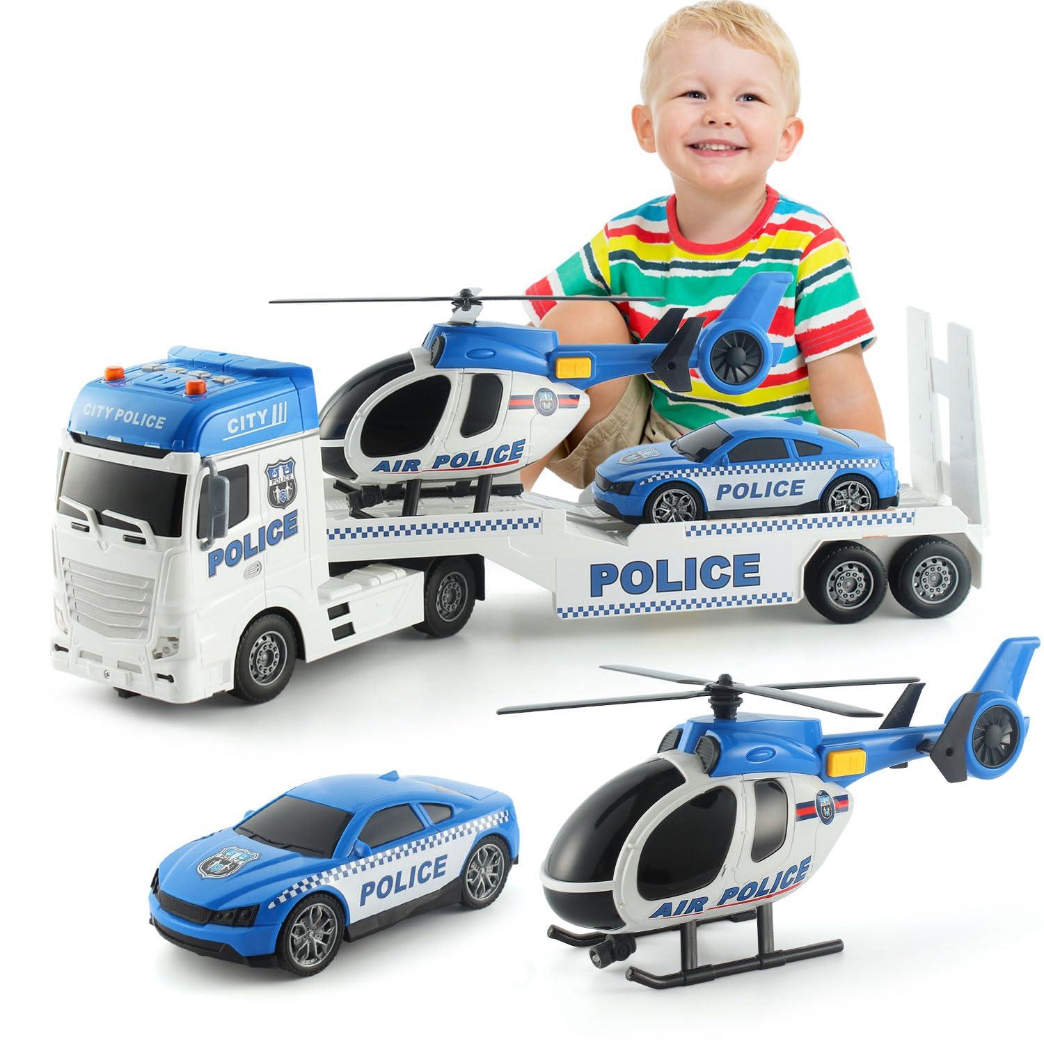 CSDCSD CSDCSD 25.6\'\' Large Police Car Toy and Semi Truck Toy with Racing Car and Helicopter - Police Toys,Birthday Gifts for Kids Child 3 4 5 6 Years Old