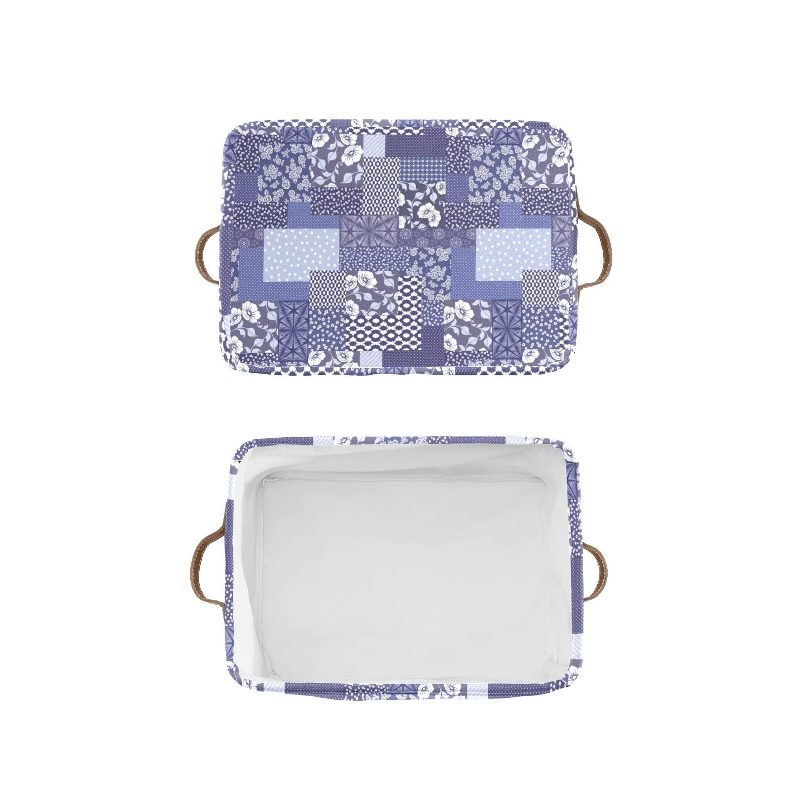 Deven Deven Blue Flower Vintage Quilt Personalized Large Storage Baskets for Organizing Shelves with Handle,Closet Decorative Storage Bins for Bathroom,Nursery,Home 4 Pack