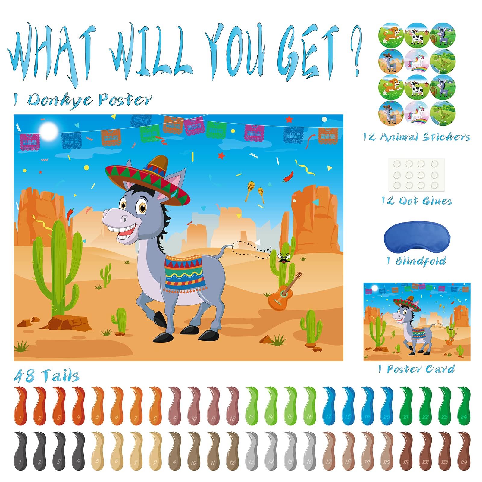 Morcheiong Morcheiong Pin The Tail on The Donkey Game with 48 Tails, Mexican Fiesta Party Favors Supplies Decorations, Birthday Party Game for Kids