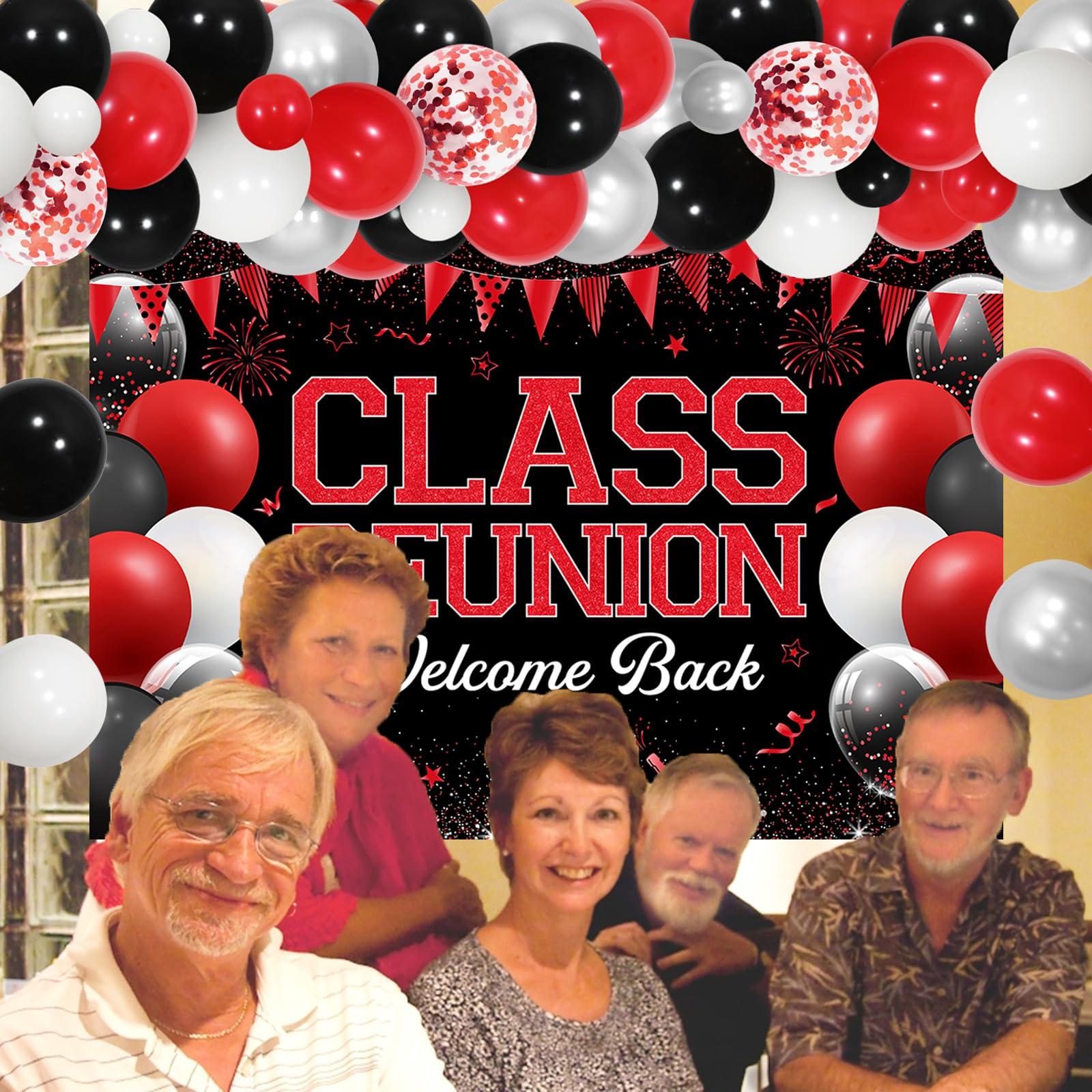 JOYMEMO Class Reunion Party Decorations - Red and Black Balloon Garland Arch Kit with Welcome Back Class Reunion Backdrop, High School Reunion Party Photography Background Supplies