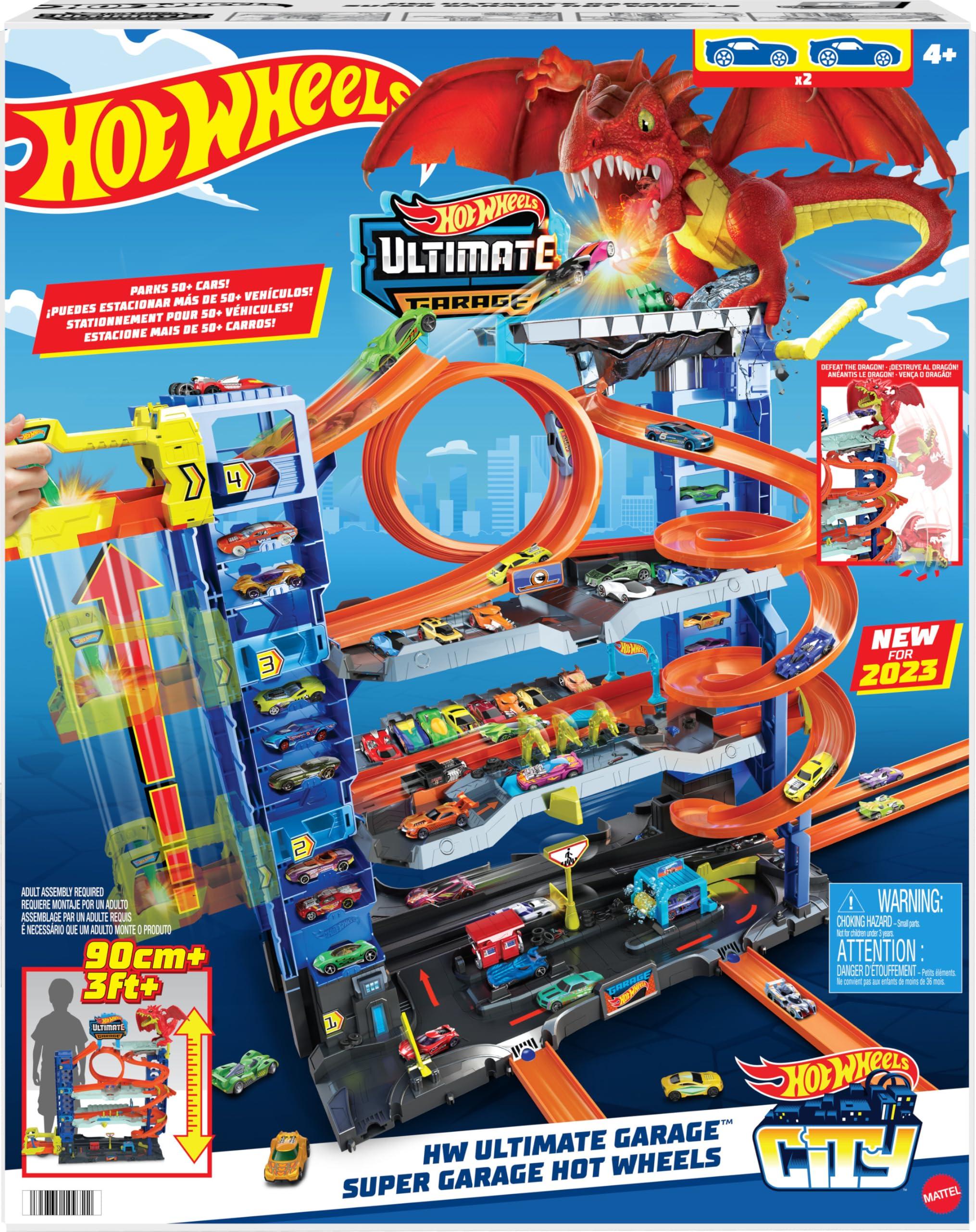 Hot Wheels Hot Wheels City Ultimate Garage Track Set with 2 Die-Cast Toy Cars & Car-Eating Dragon, Stores 50+ Vehicles, 4 Levels