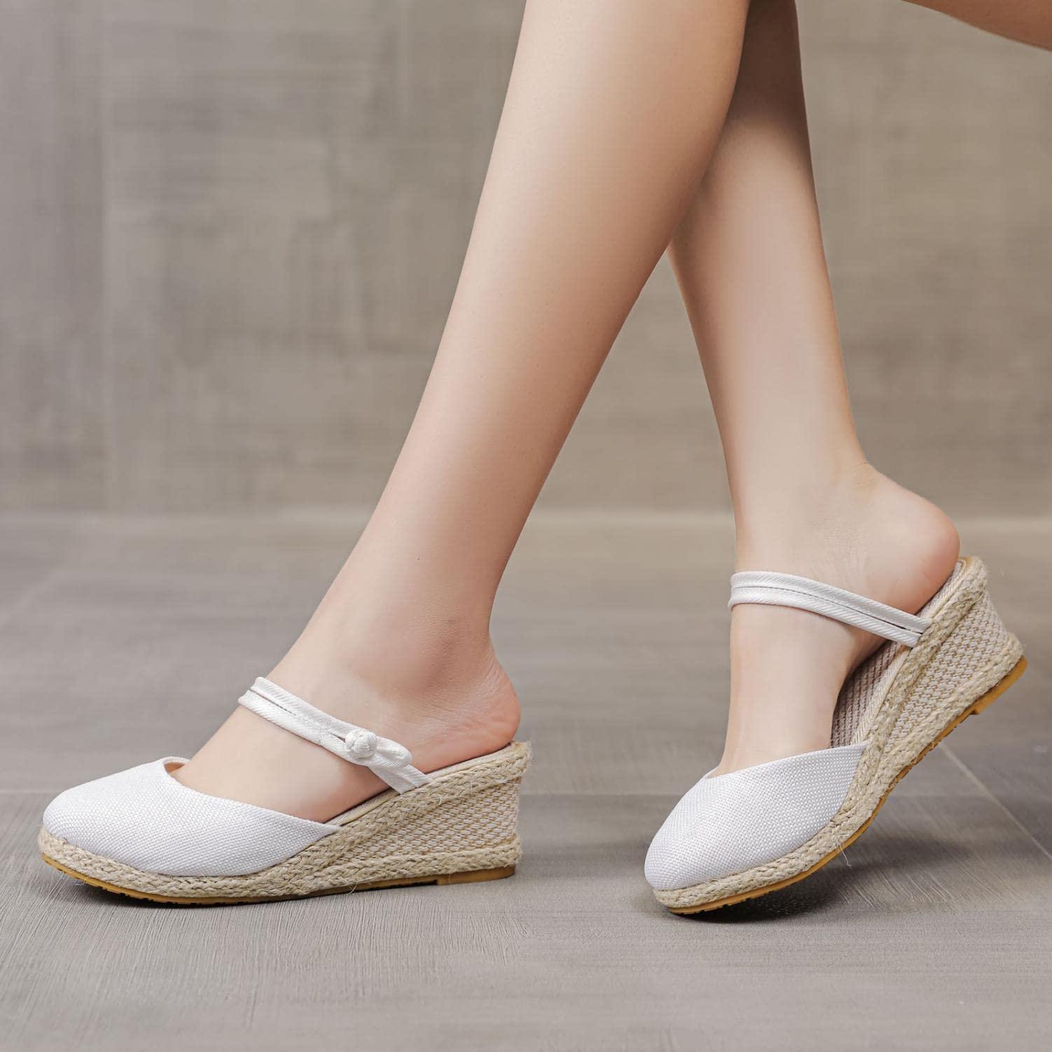 Hbeylia Hbeylia Wedge Platform Loafers for Women Ladies Fashion Casual Espadrille Vintage High Heeled Closed Round Toe Sandals Autumn Summer Elastic Cross Ankle Strap Beach Walking Shoes