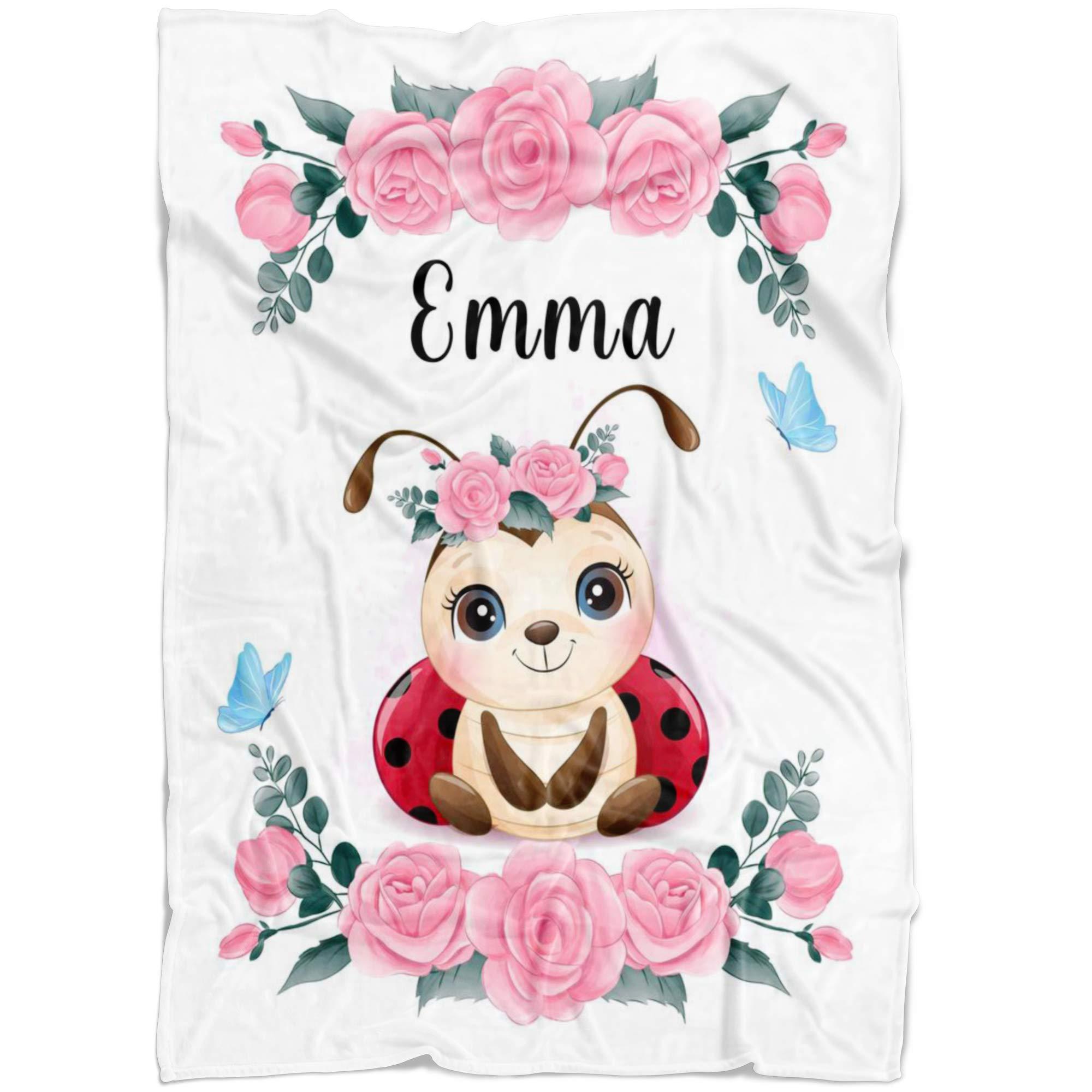 FundingCharlee Pink Ladybird Custom Baby Name Blanket for Girl, Floral Rose Ladybird Toddler Girl Blanket, Girl Nursery Blanket, Ladybird Baby Shower, Personalized Pink Floral Girl Blanket (50x60)