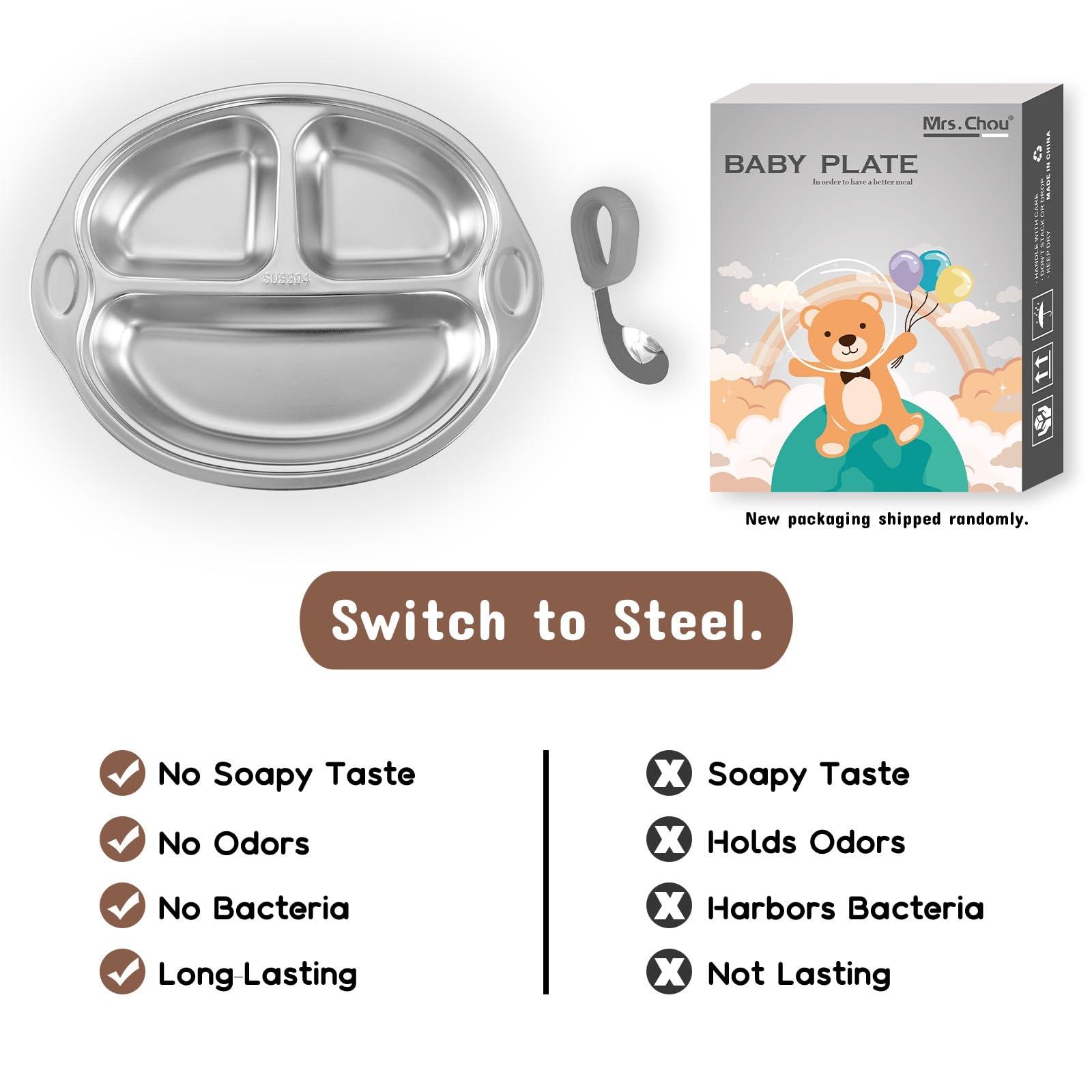 Mrs. Chou Stainless Steel Baby Suction Plates: Divided Plates Designed for Babies and Toddlers, Made of 100% Food-Grade Materials Ideal for Baby-Led Weaning BPA-Free Toddler Feeding Dishwasher Safe Gray