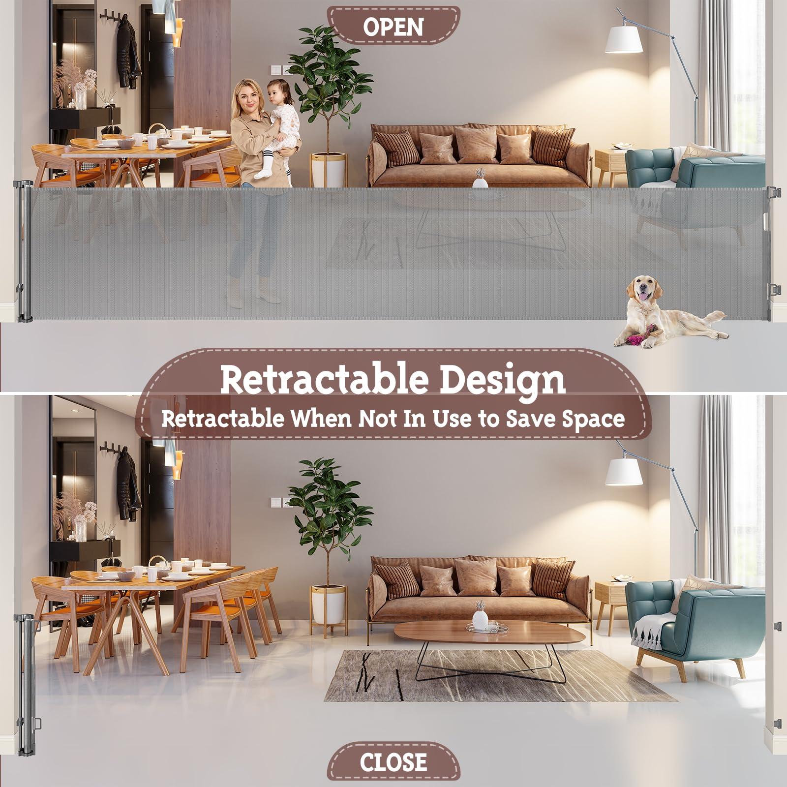 KISKIZ 160 Inch Retractable Baby Gates for Extra Wide Openings Retractable Dog Gate Indoor Outdoor Retractable Gate Extra Long Baby Gate Extra Large Dog Gate for Doorways, Porches Garage Gate Deck Gate, Gray