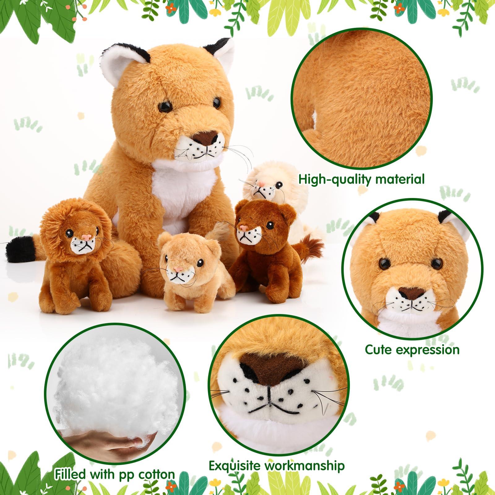Honoson Honoson 5 Pcs Lion Plush Set Large Lion Stuffed Animal with 4 Cute Baby Lions in Zippered Back Soft Cuddly Lion Plushie Boys Girls Birthday Forest Party Favors