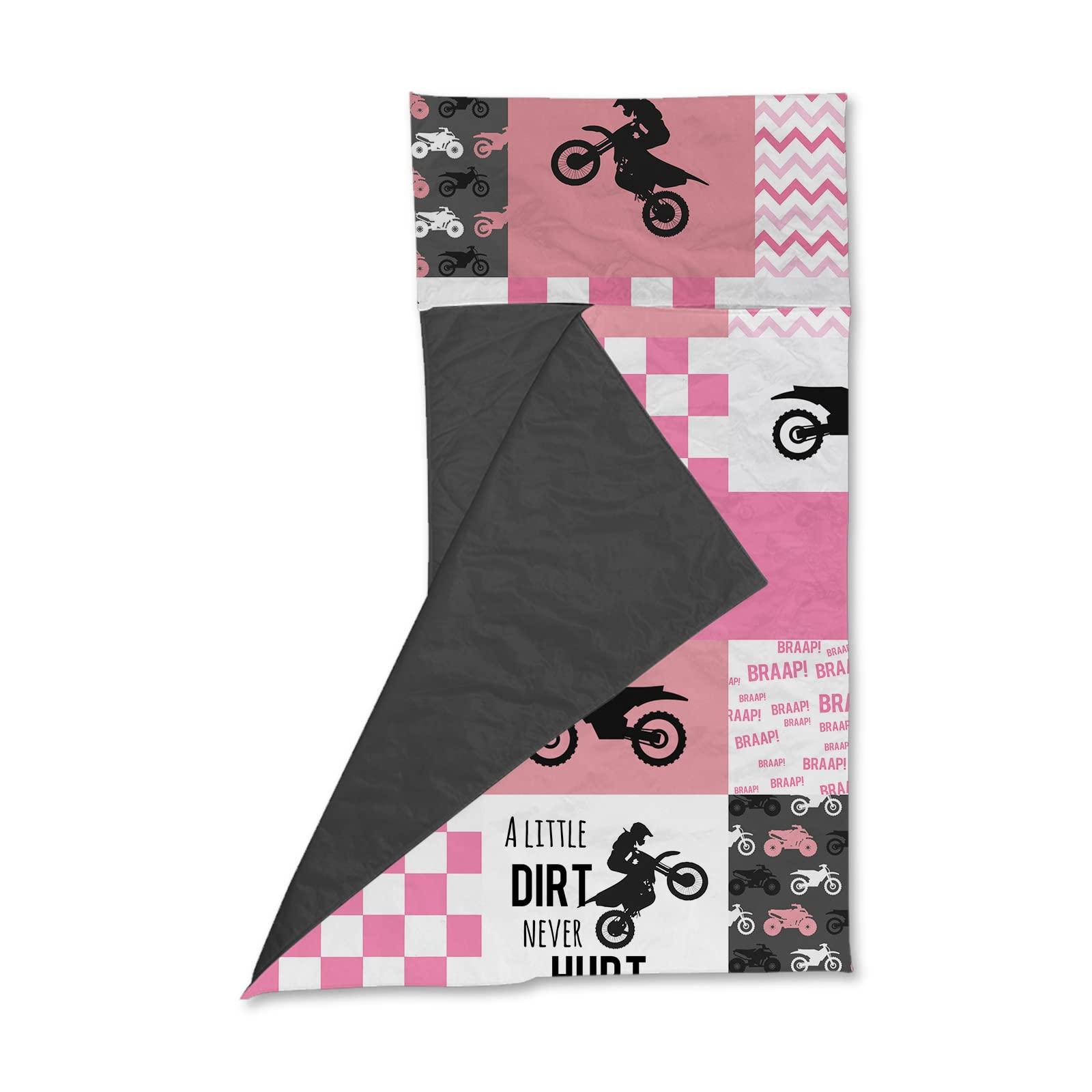 Naseagleeye Personalized Dirt Bike Pink Nap Mat Set with Name, Motocross Sleeping Bags for Girls, Customized Toddler Bed Mattress for Kids, Slumber Bags for Preschool, Daycare or Kindergarten, Toddler Sleep Sack