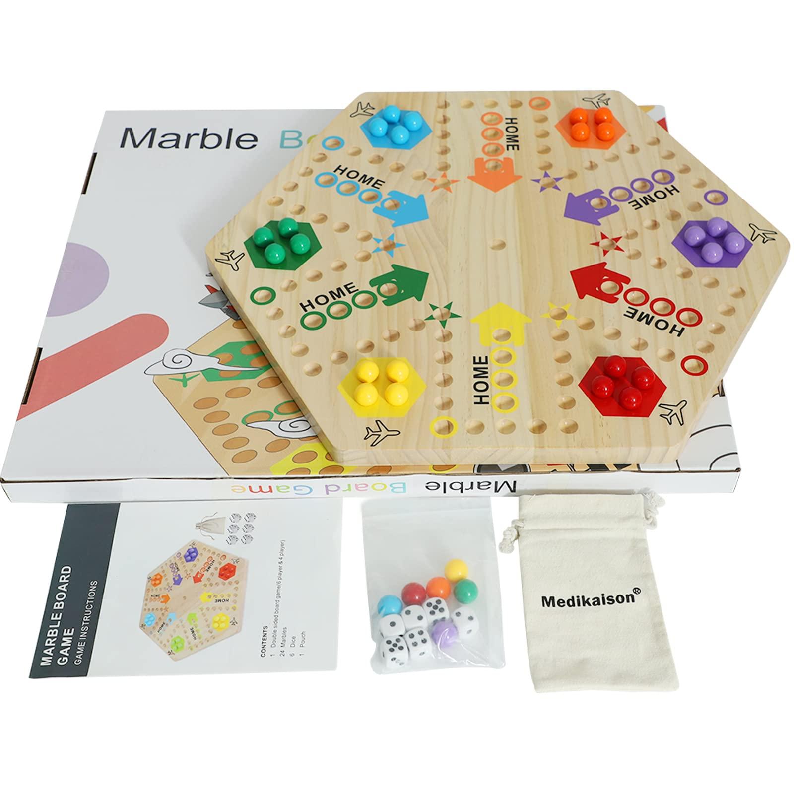 Medikaison Medikaison Large Size Original Marble Game Solid Wood 20 inch Wahoo Board Game Double Sided Painted Wooden Fast Track for 6 and 4 Players 6 Colors 24 Marbles 6 Dice for Family Friend