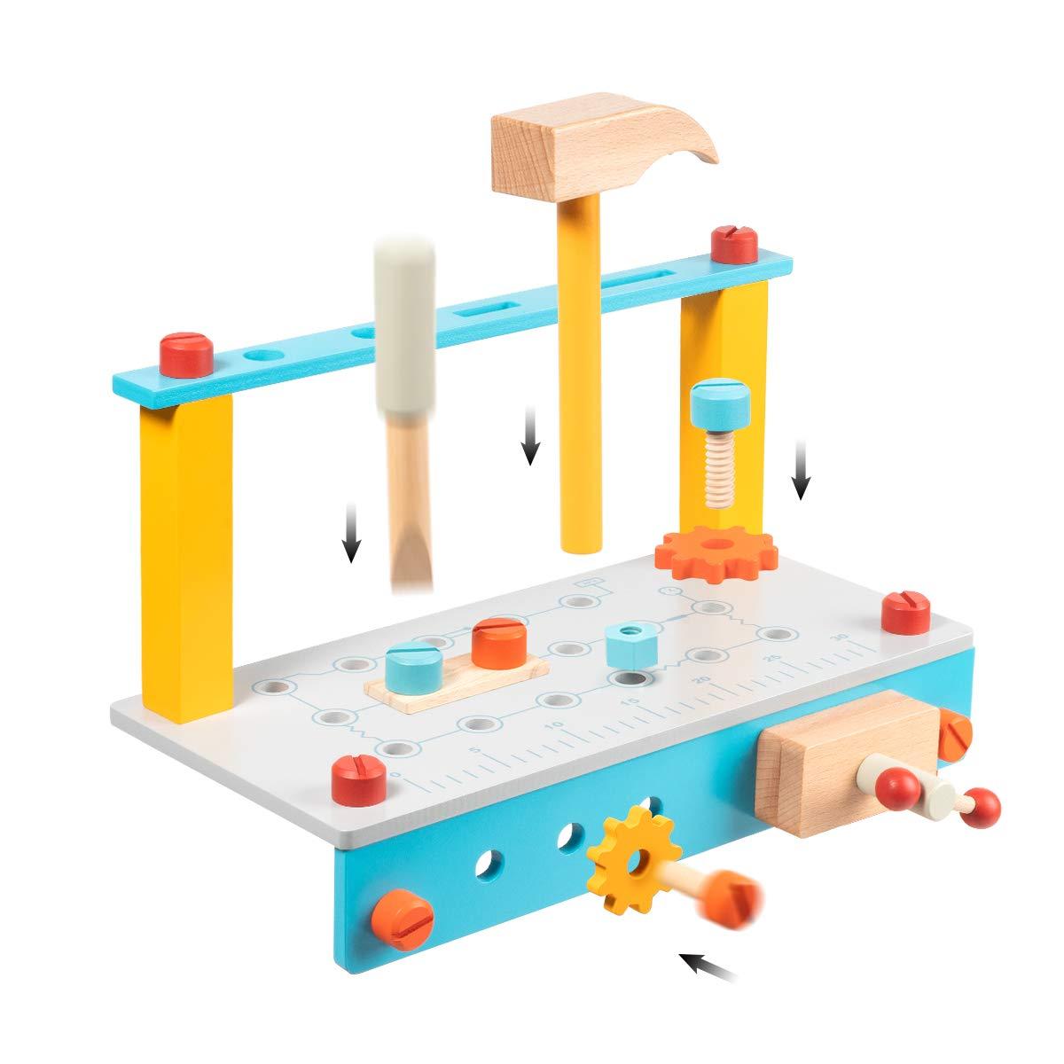 yoptote Mini Wooden Play Tool Workbench Set for Kids & Toddlers,Building Pretend-Play-Toys with Wrench,Screwdriver,Miter Saw and Hammer,Birthday for Boys Girls 3 Year Old and Up