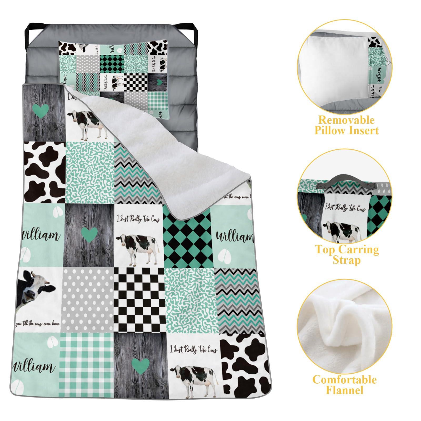 Duckbe Custom Toddler Bedding Set - Personalized Name with Animals Plaid Nap Mat for Preschool, Roll Up Sleeping Bag with Flannel Blanket for Boys Girls Kids Daycare Gift Color10-Cow