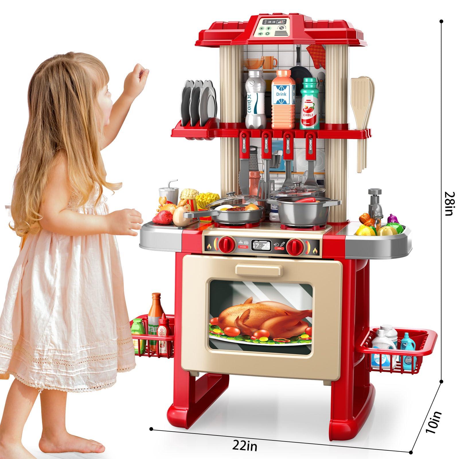 WATUDOU Kids Kitchen Playset for Toddlers, Kids Play Kitchen Set with Sounds and Lights for Toddlers 3-5 6-8, Pretend Food Toy Kitchens Christmas Birthday Gifts for Toddlers Kids 3 4 5 6 7 8 Years Old