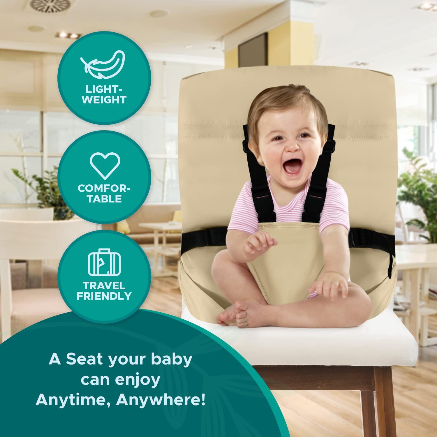 Baby Pick Portable High Chair by Baby Pick- Foldable High Chair for Travel with Adjustable Shoulder Straps- Compact Harness Seat for Babies & Toddlers- Easy to Use Washable Feeding Safety Seat- Beige