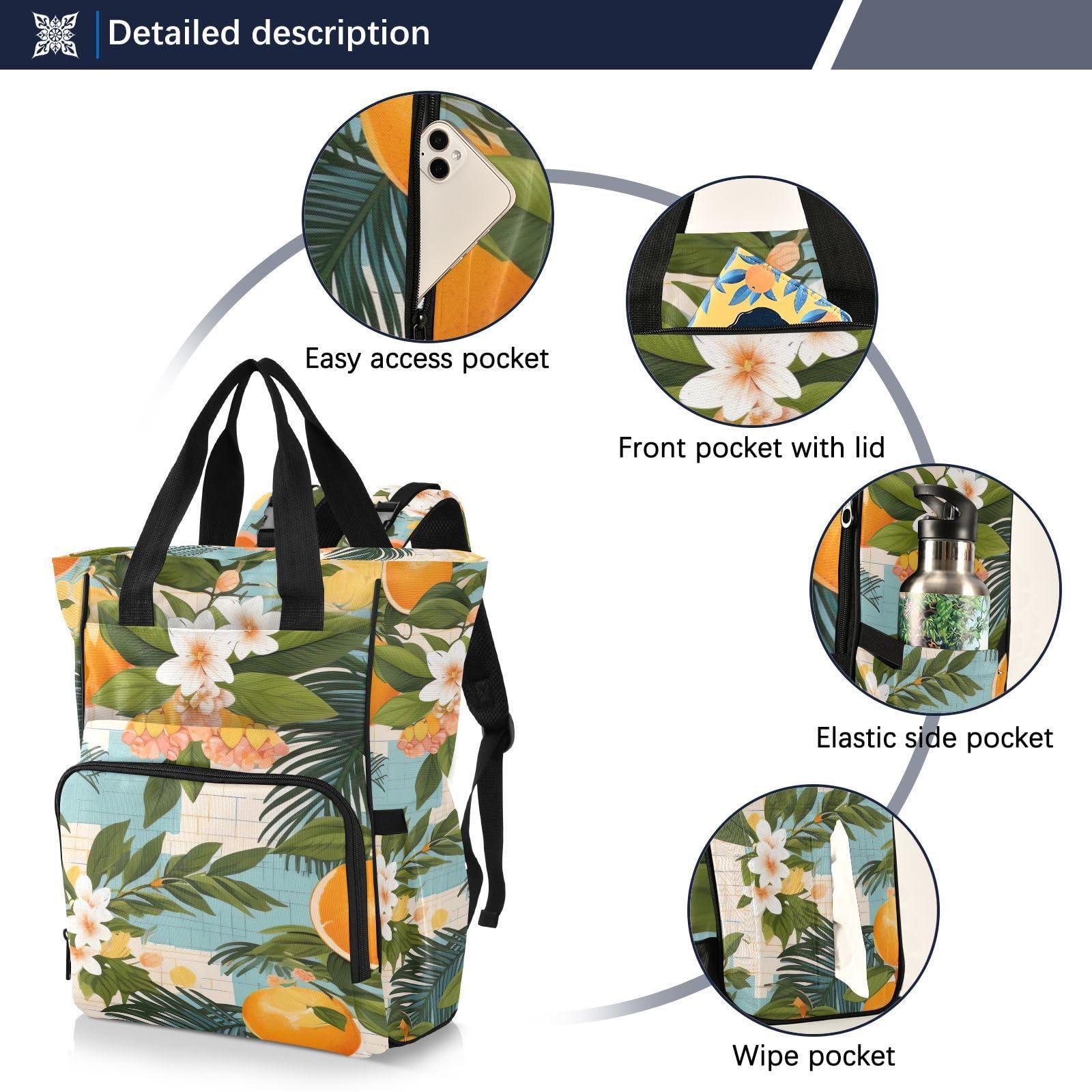 SPRIPORT SPRIPORT Orange White Flowers Diaper Bag Backpack for Baby Boys Girls Travel Tote with Stroller Straps & Bottle Storage Maternity Baby Changing Bags for Moms Dads Baby Shower Gifts Traveling Shopping