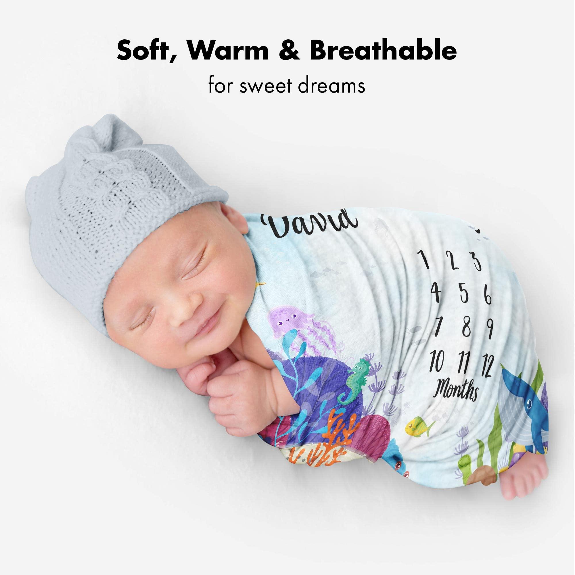 VibeCustom Personalized Ocean Wonderland Baby Blanket, Custom Names Underwater ThemeTracker, Soft Plush Marine Life Growth Chart, Nautical Nursery Decor