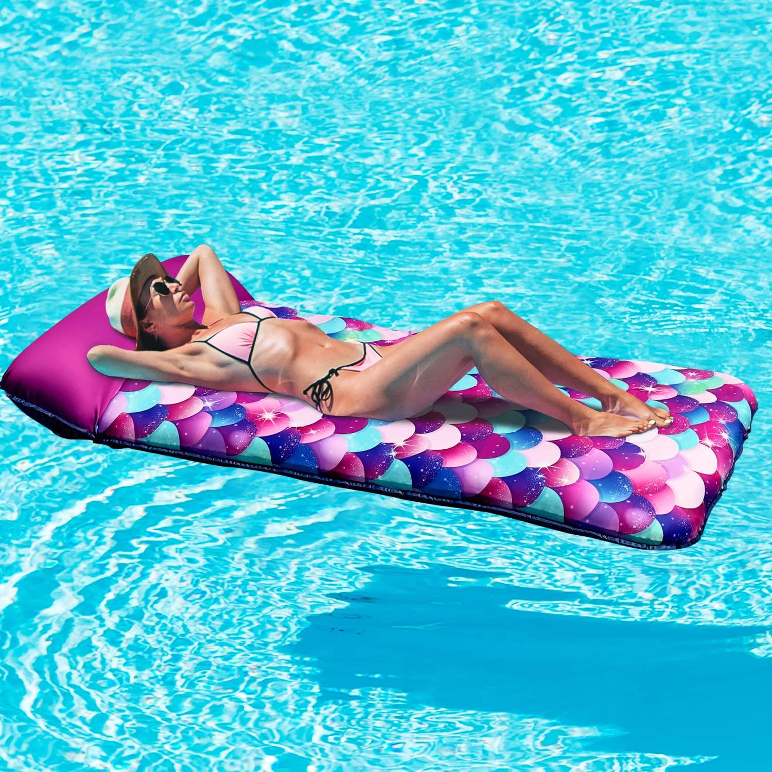 PARENTSWELL PARENTSWELL Inflatable Mermaid Scales Pool Floats, 72" X-Large Fabric Covered Pool Float with Headrest, Pool Lounge Floaties for Adults, Summer Pool Party Decorations Supplies