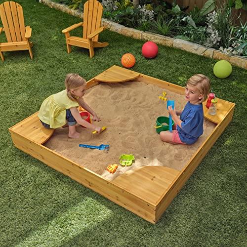 KidKraft KidKraft Wooden Backyard Sandbox with Built-in Corner Seating and Mesh Cover, Kid's Outdoor Furniture, Honey, Gift for Ages 2-8
