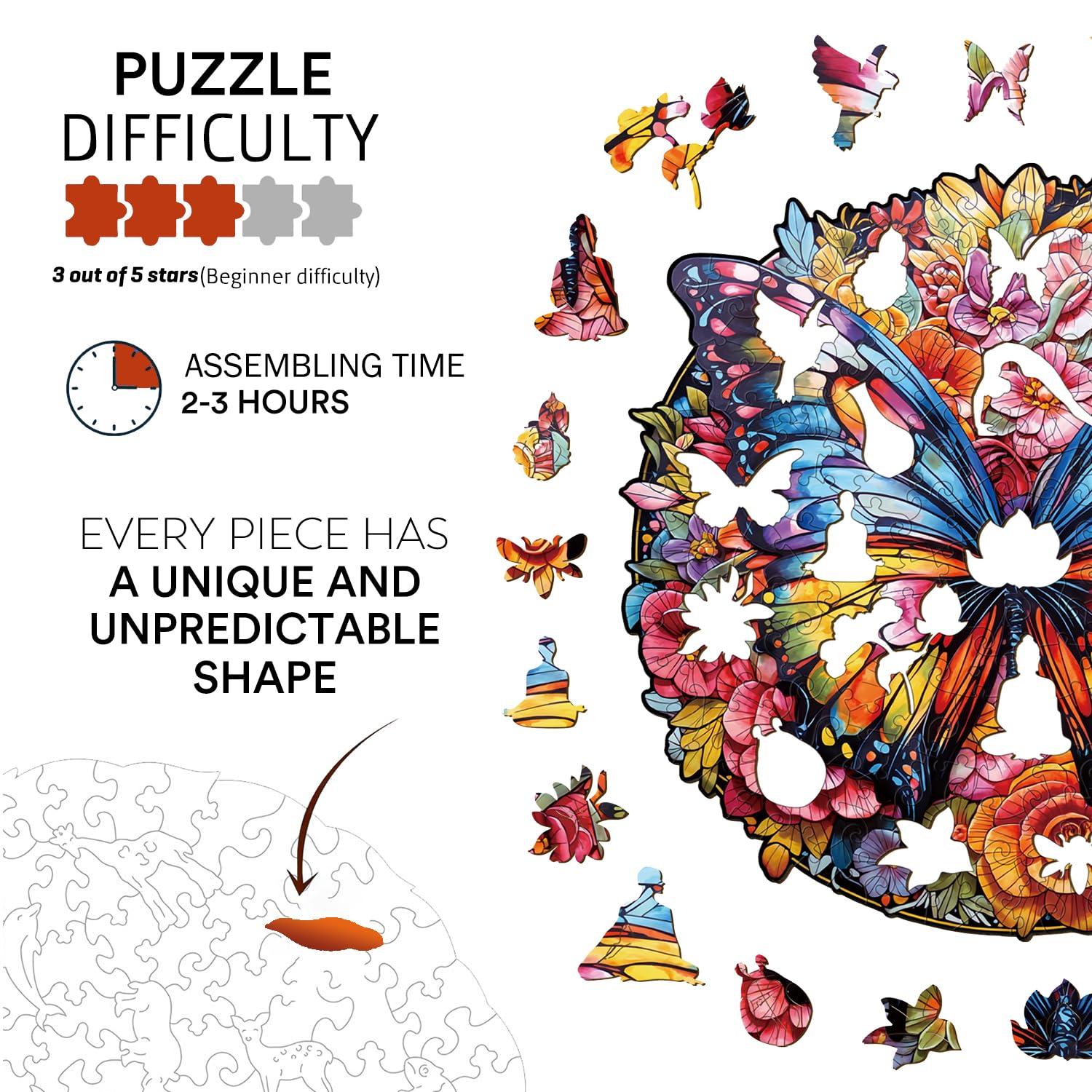 Jigfoxy Jigfoxy Wooden Puzzle for Adults, Butterfly and Flowers Wooden Jigsaw Puzzles for Adults, Unique Animal Shape Wood Cut Puzzles for Family Friend Puzzle Lovers(L-13.4 * 13.1in-300pcs)