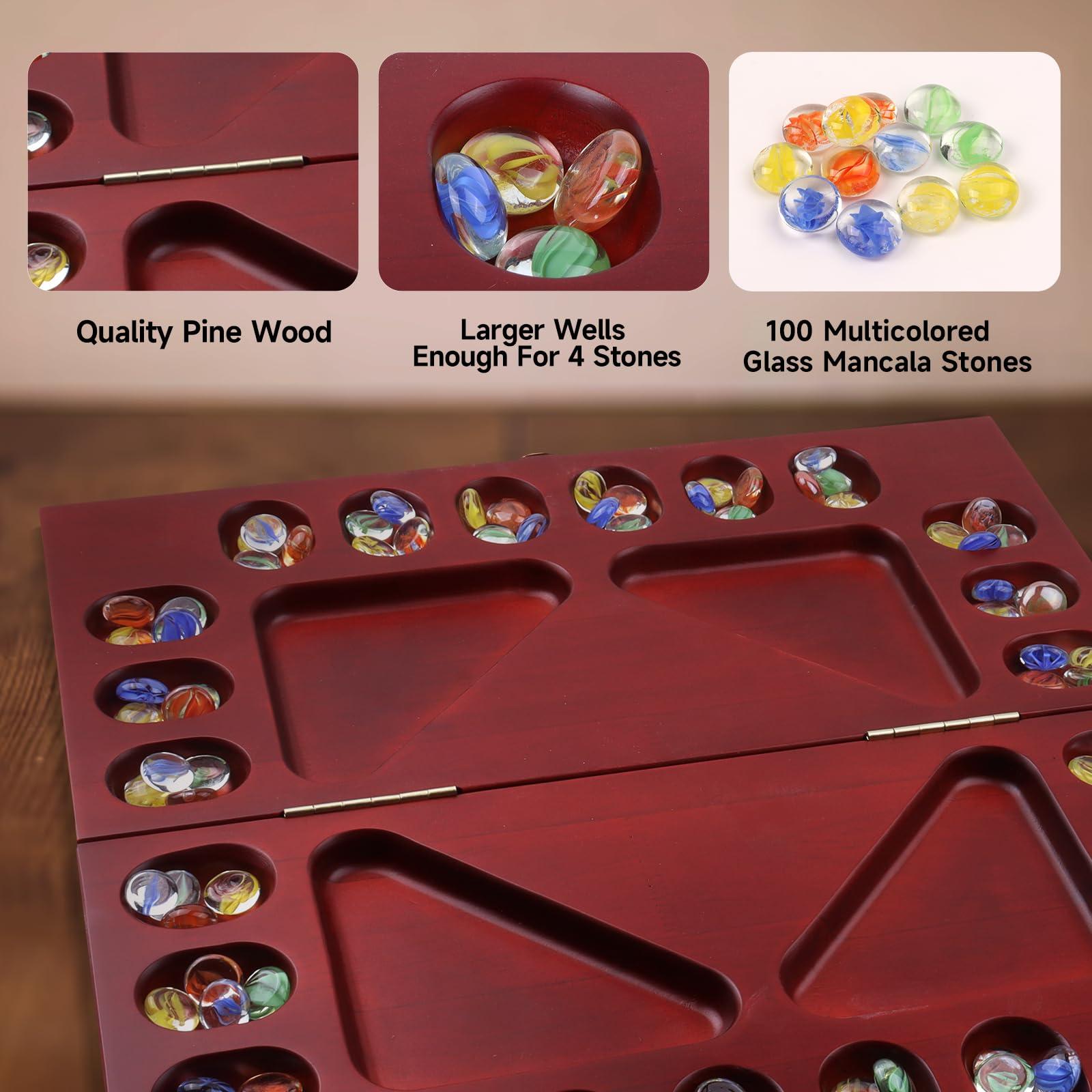 GSE Games & Sports Expert GSE Games & Sports Expert 4-Player Mancala Board Game with Multi-Color Glass Stones, Folding Wooden 4-Way Mancala Family Travel Strategy Games Set for Kids & Adults (Mahogany)