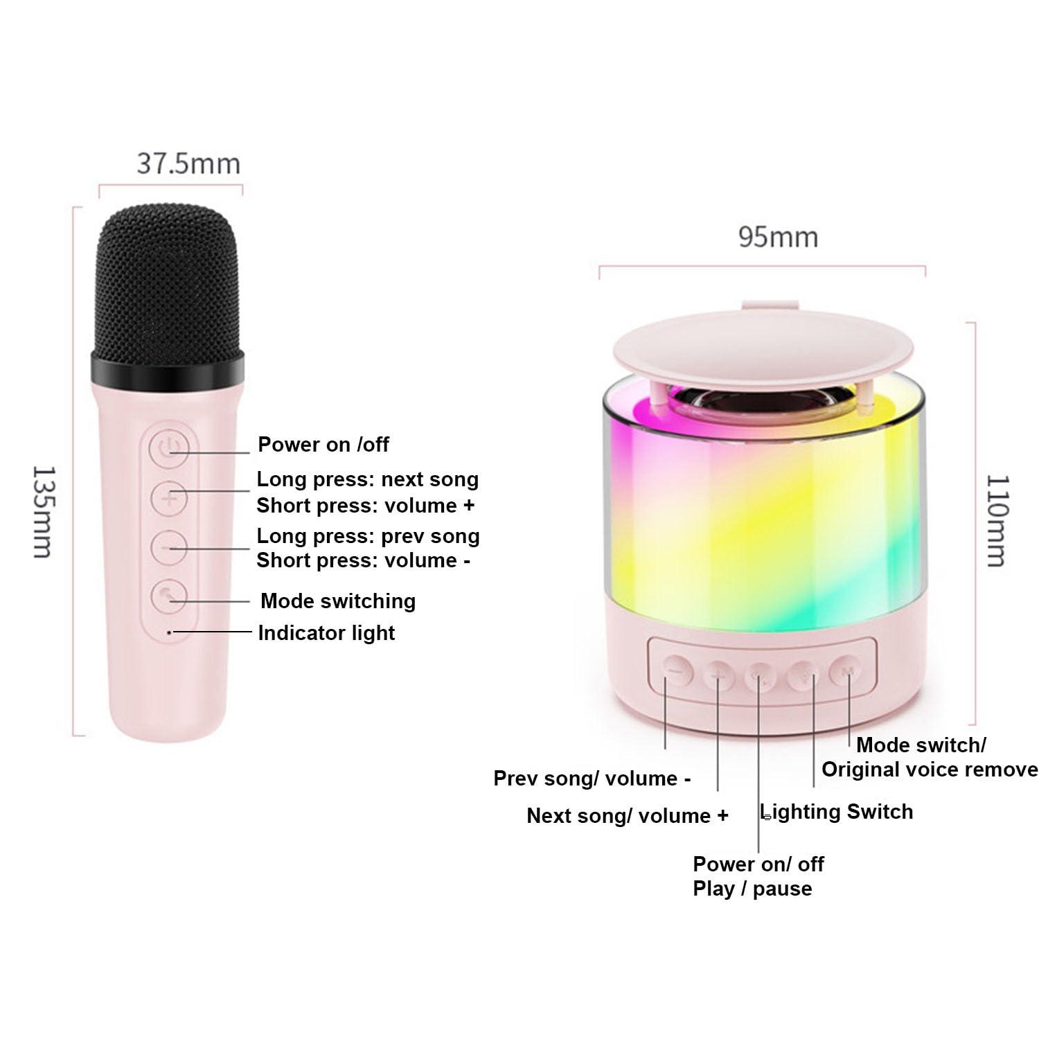 PUSHIZHIGUANG Mini Karaoke Machine for Kids Adults, Portable Bluetooth Karaoke Speaker with Wireless Microphone and LED Color Lights for Home Birthday Party for Girls or Boys Ages 4, 5,6,7,8,10+ (Pink, 1 Mic)