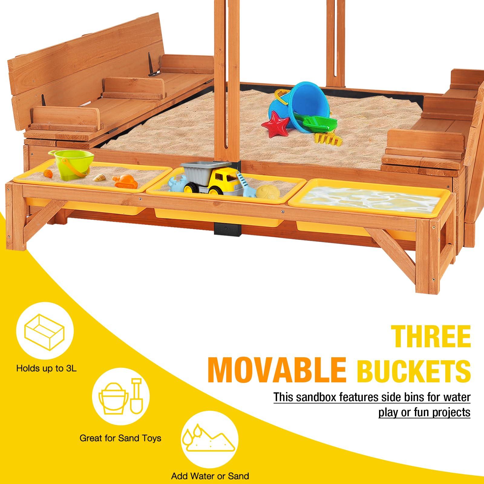 Aivituvin Wooden Sandbox with Cover | Large Sandpit for Kids Outdoor with Adjustable Canopy Backyard Play | w/Movable Toy Bins