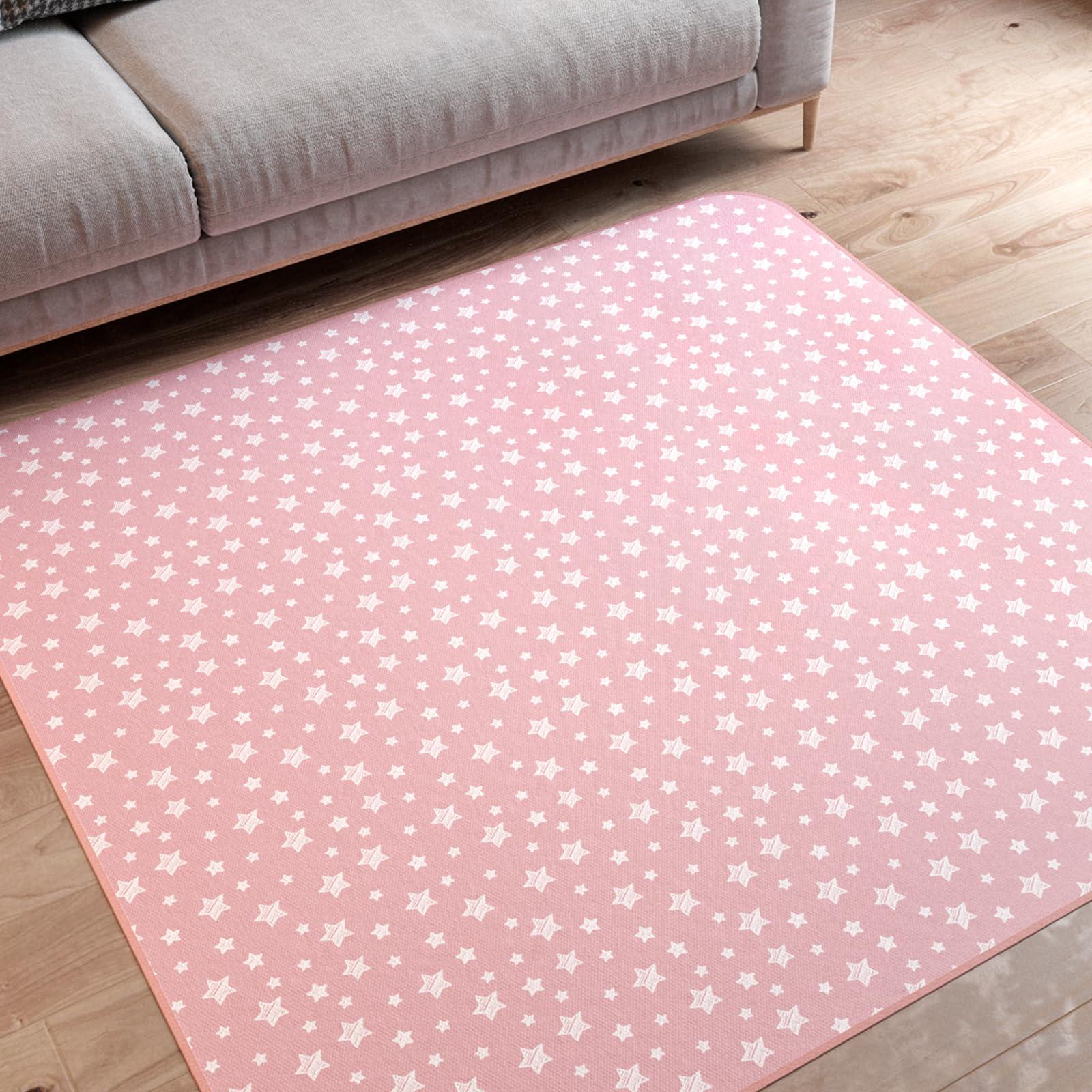 Moonsea Baby Splat Mat Anti Slip Waterproof High Chair Mat, Baby Feeding Table Cloth Floor Mat Cover, Baby Art Playtime Mat for Craft/Mealtime, 42X46 Inch Washable Portable Picnic Mat - Pink Star