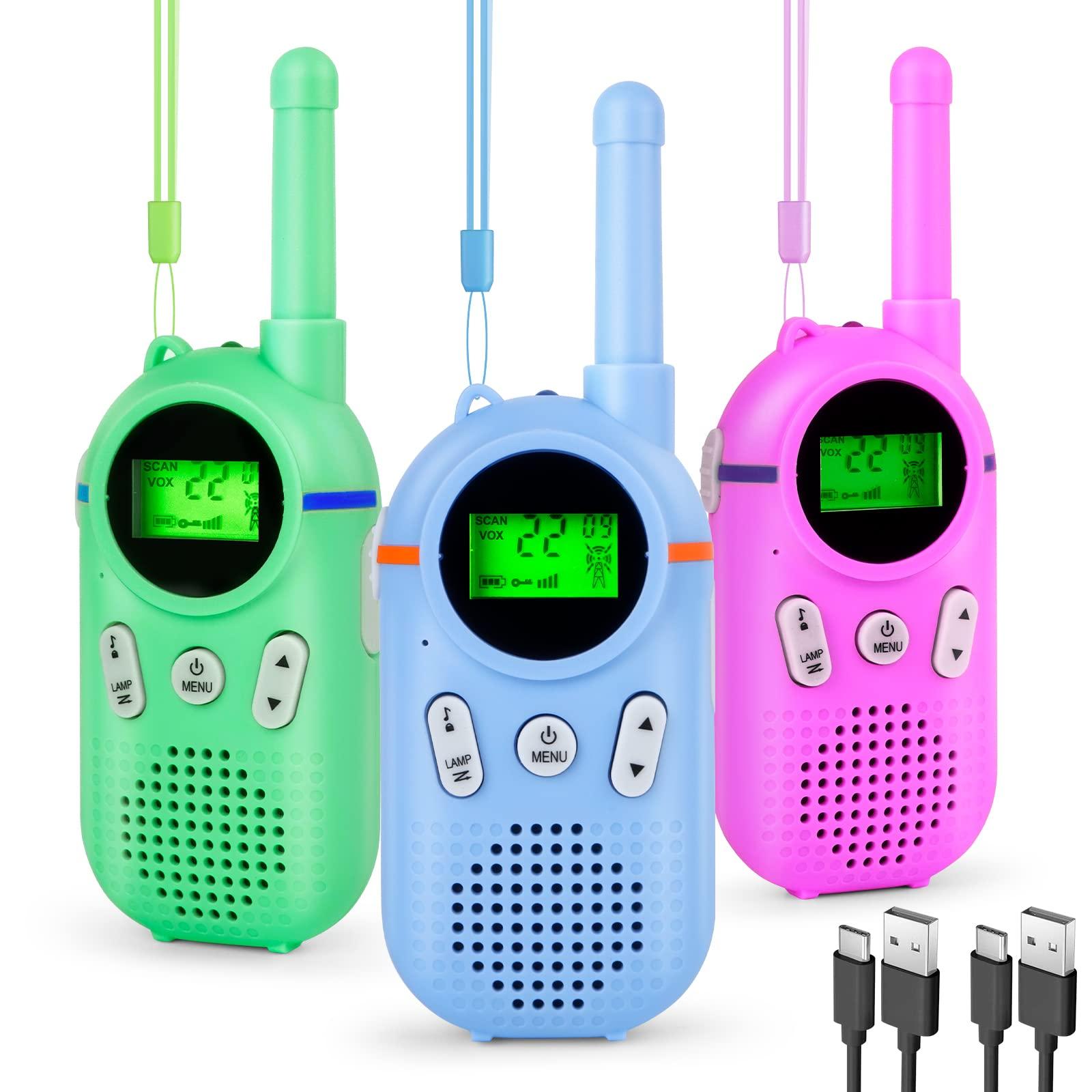 Wcfish Walkie Talkies for Kids Rechargeable 3 Pack, Providing 48hrs Working Time and Long Range of 3KMs, Best Gift for Kids Aged 3-12 Years (Blue+Green+Purple)