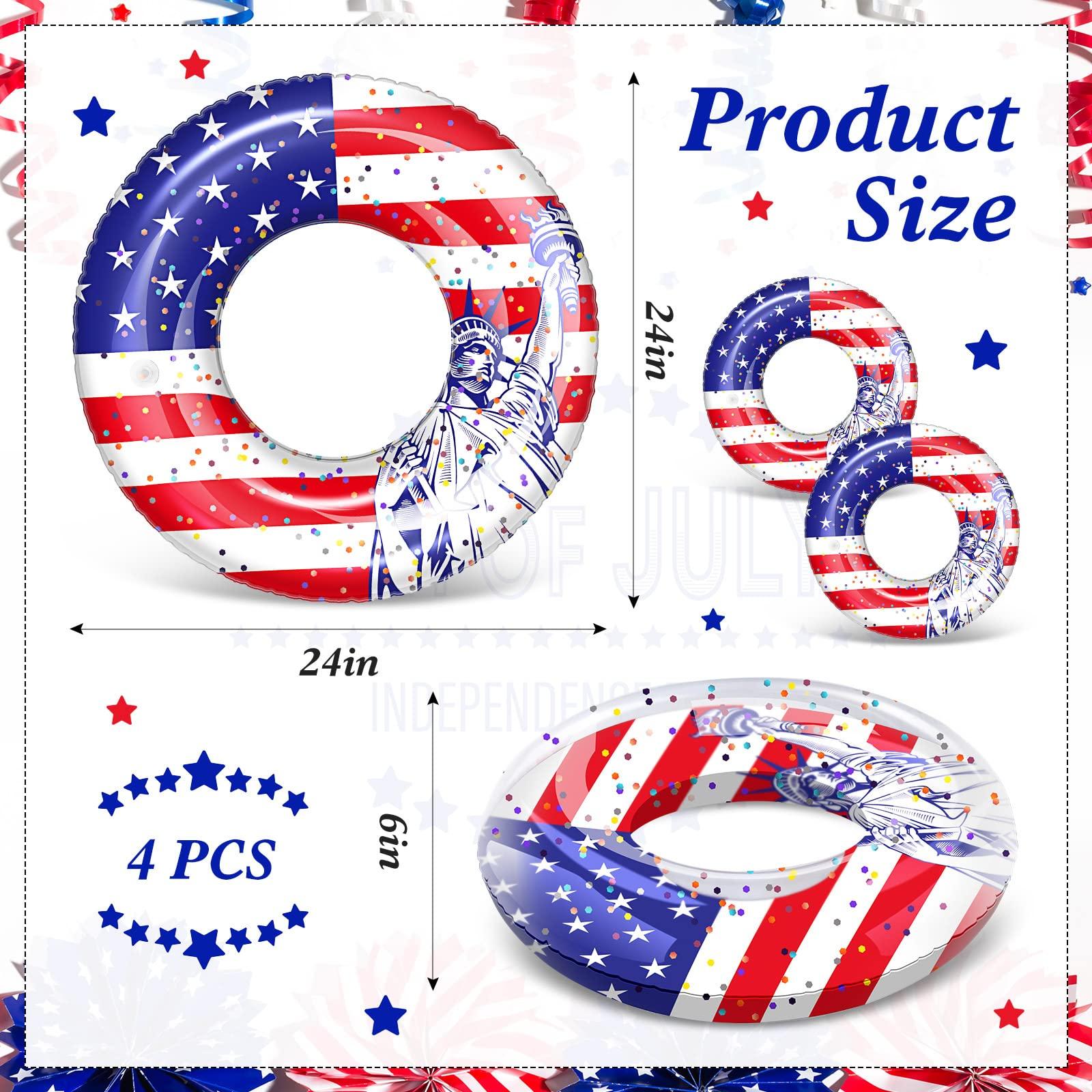 Wettarn Wettarn 4 Pcs 24 Inch Patriotic Inflatable Pool Float with Confetti USA Flag Swim Tube 4th of July Pool Tube Cool Pool Floaties Water Swimming Ring for Girls Boys Pool Toys Beach Lake Water Sports