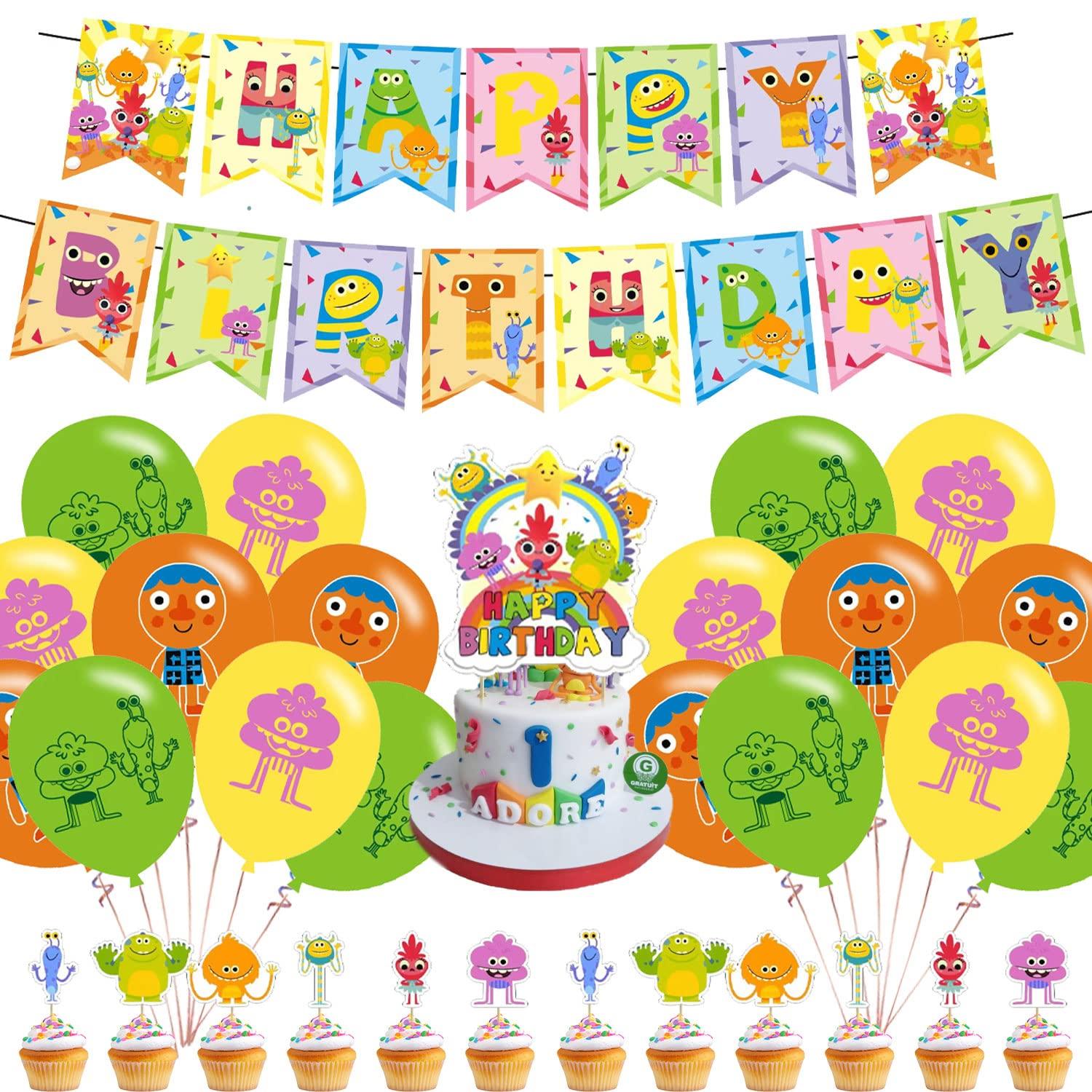 KGNZUIZIU Super Simple Songs Birthday Party Decorations, Cartoon Kids Songs Party Supplies with Happy Birthday Banner, Cupcake Cake Toppers, Balloons for Kids Birthday Party Baby Shower Decorations
