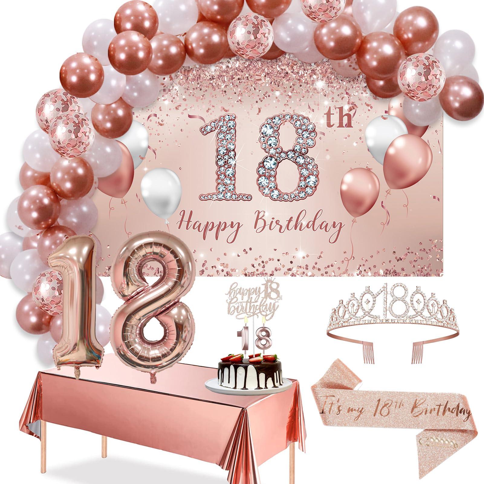 Trgowaul Trgowaul 18th Birthday Decorative Balloon Set Women\'s Arch, Rose Gold 18th Birthday Banner and Party Tablecloth, Belt and Tiara, Pink Gold 18th Balloon, Pink Birthday Cake Top, Latex Balloon * 60