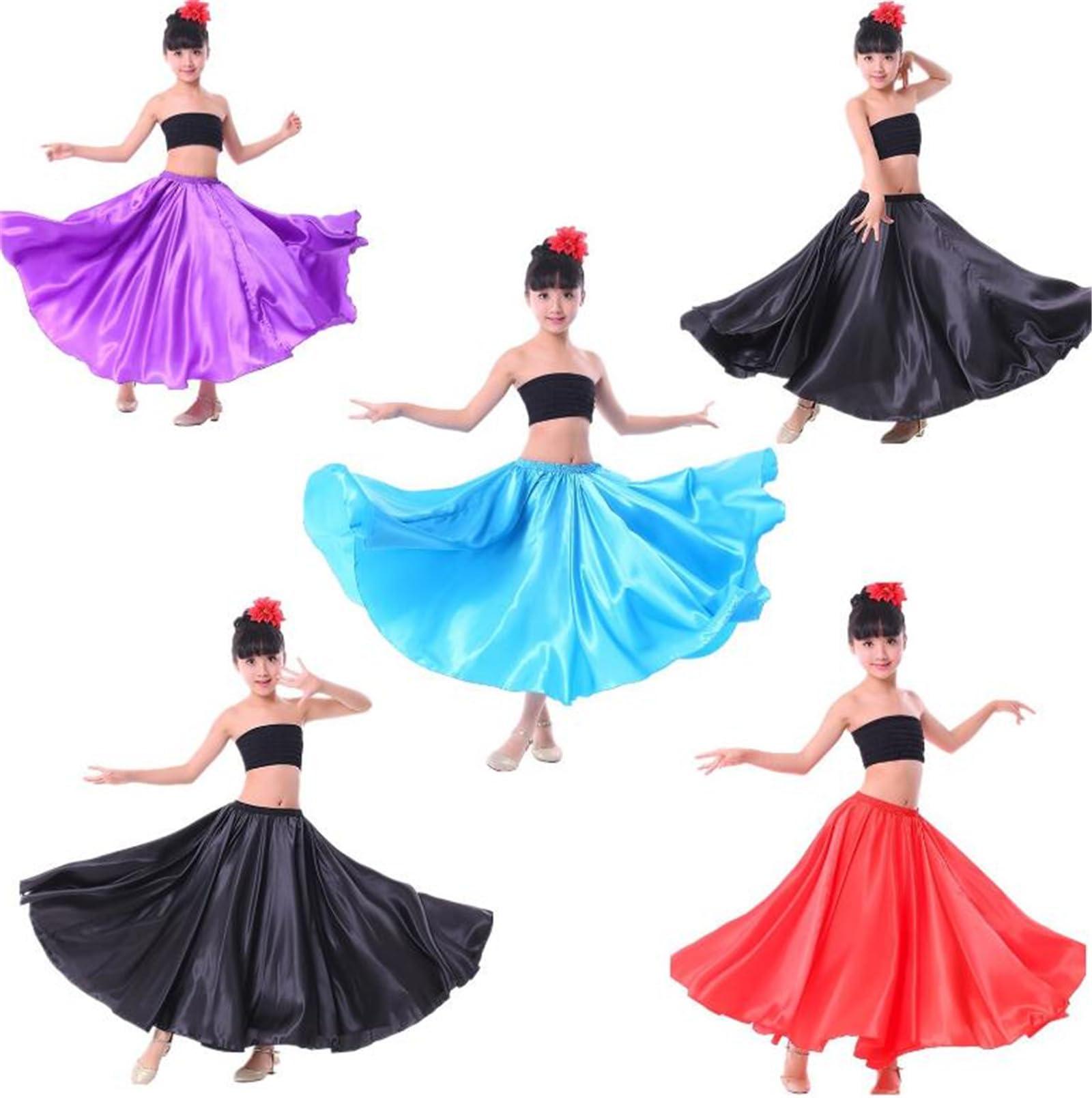 OTMYIGO Girls Flamenco Spanish Dress Dance Gypsy Style Large Swing Skirt Stage Performance Costume Competition,Purple 360,100