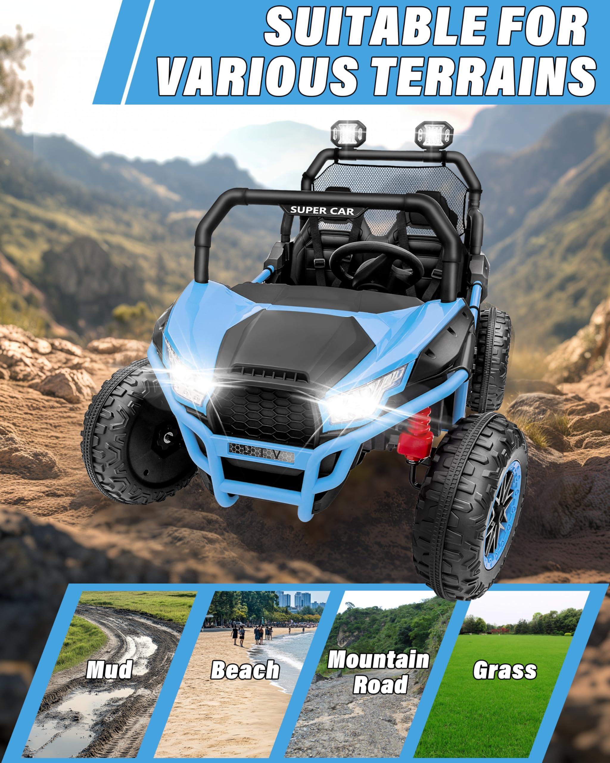 Qodia 24V Ride on Toys for Big Kids, 2 Seater Ride on Car with Remote, 4WD Power Electric Vehicles Battery Powered Cars to Drive, Ride on UTV for Boy Girls, 20 in 2 Seater, EVA Tire, Music Player, Blue