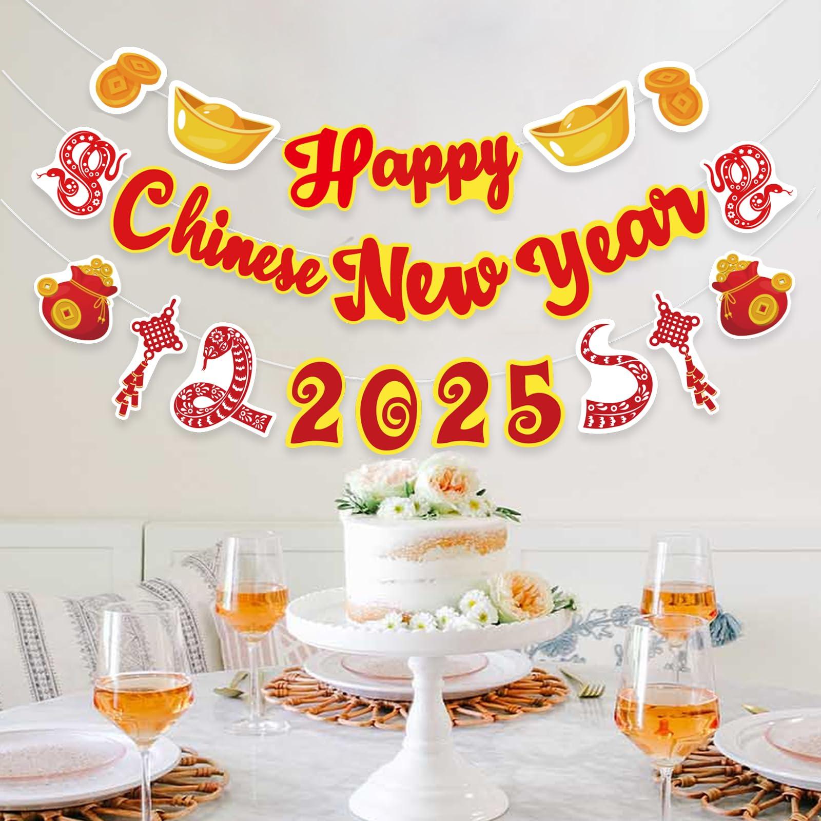 DKCTQU Chinese New Year Banner China Spring Festival Lunar Happy New Year Decorations 2025 Chinese New Year Party Banner Year of The DragonSnake Party Bunting Banner
