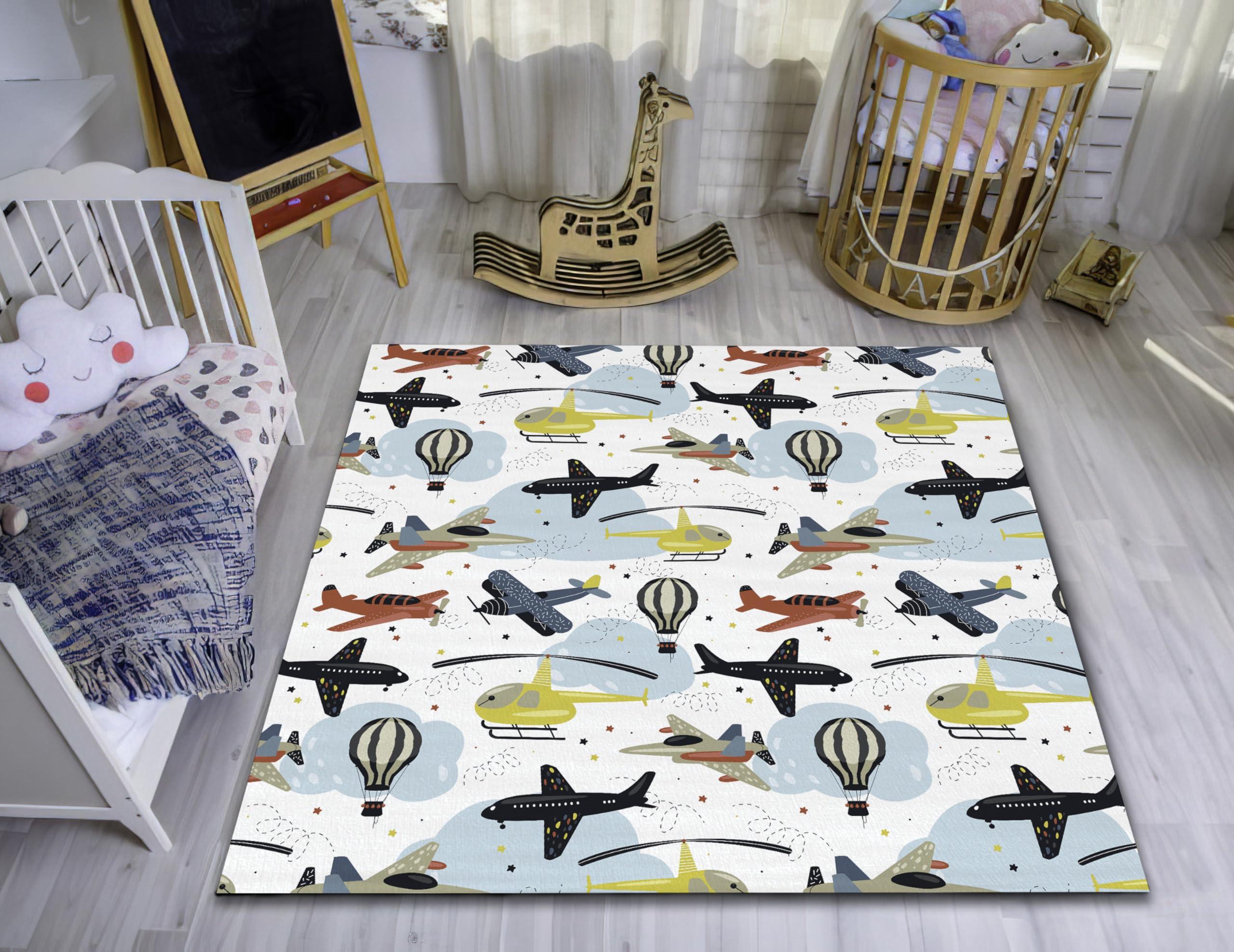 Rugendary Rugendary Airplane Nursery Rug Yellow Helicopter Pattern Play Mat Rug for Boys & Girls Nonslip Washable Cartoon Ultra Soft Carpet for Baby Bath & Kids Room (Round 2 ft.)