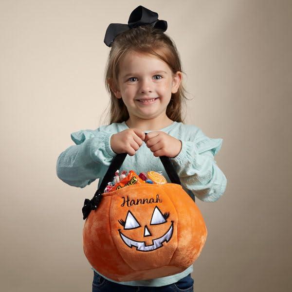 Personalization Universe Personalization Universe Cheerful Pumpkin Embroidered Reflective Girl Halloween Treat Bag - Customizable Name, Multiple Thread Colors/Fonts Personalized Trick or Treat - 8" W x 7.5" H, 100% Polyester