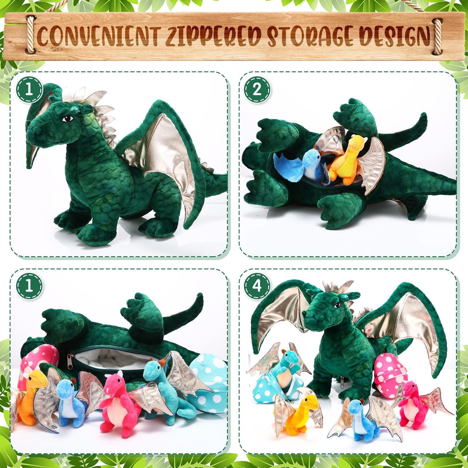 Deekin Deekin 7 Pcs Dragon Toy Set 16 Inch Large Dragon Stuffed Animal with 4 Cute Baby Plush Dragons and 2 Eggs in Mommy Dragon\'s Belly Gifts for Christmas Boys Girls Birthday(Cute Style)