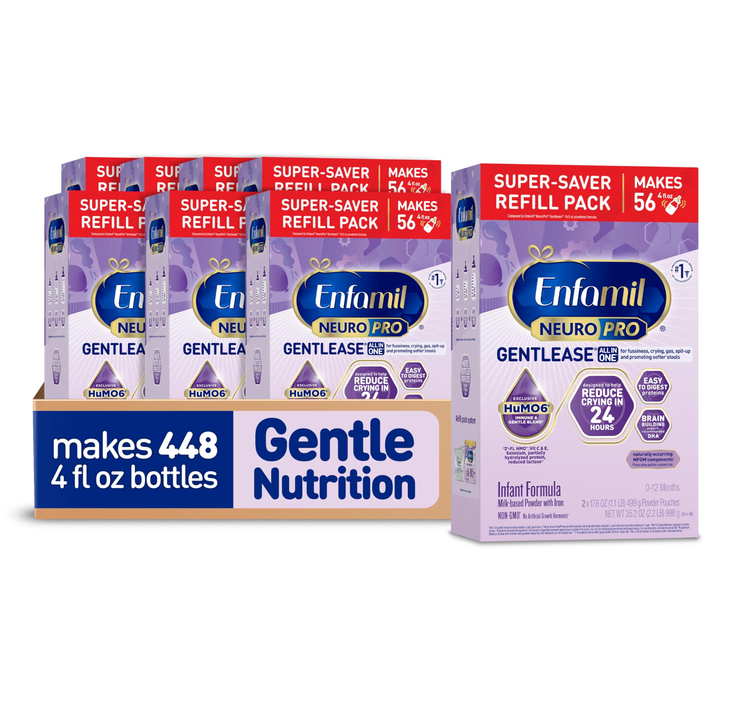 Enfamil Enfamil NeuroPro Gentlease Baby Formula, Brain Building DHA, HuMO6 Immune Blend, Designed to Reduce Fussiness, Crying, Gas & Spit-up in 24 Hrs, has Prebiotics to Promote Softer Stools, Baby Milk, 35.2 Oz (Pack of 4)
