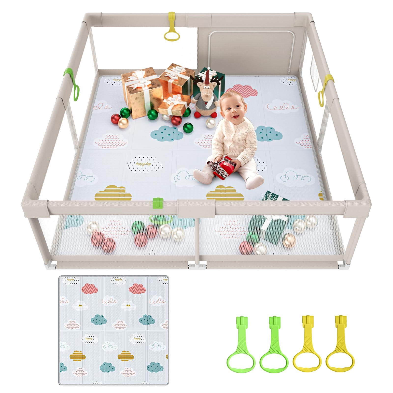 Fodoss Baby Playpen with Mat, 59x59inch Playpen for Babies and Toddlers, Kids Play Pen, Extra Large Baby Playpen,Baby Fence,Big Playpen for Infants with Gate,Playard for Baby