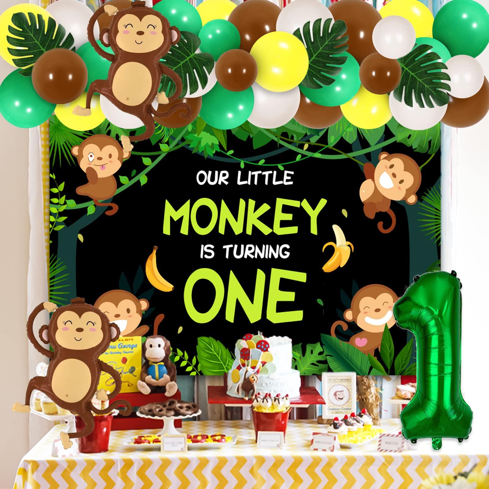 Funmemoir Monkey 1st Birthday Party Decorations - Our Little Monkey Is Turning One Backdrop, Jungle Safari Balloon Garland Arch Kit, Artificial Palm Leaves, Foil Balloons, Jungle Monkey Birthday Decorations