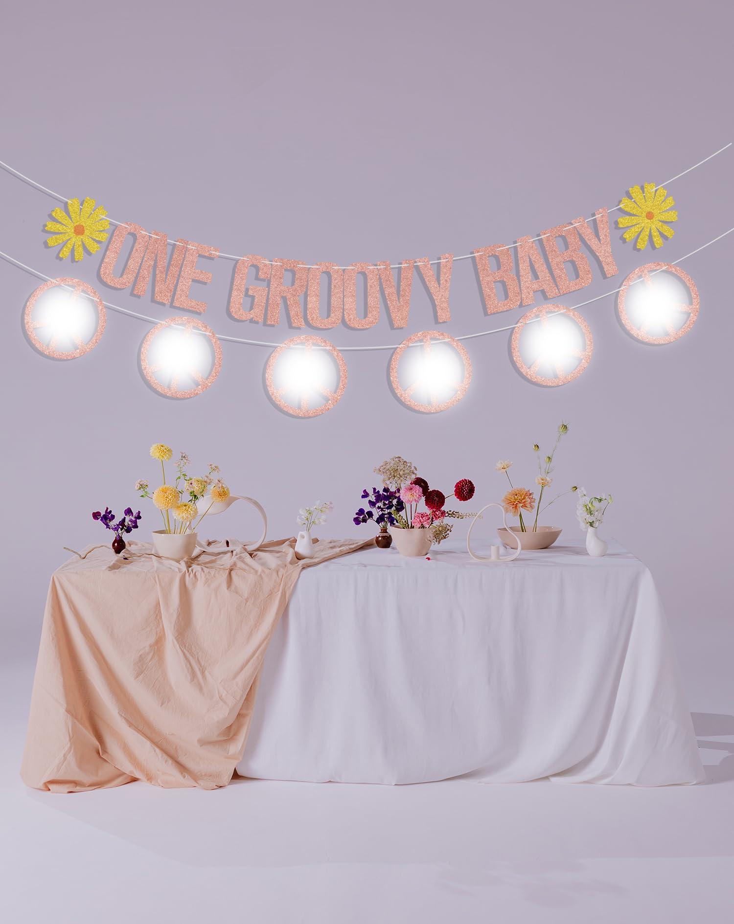 Gtoirpecx One Groovy Baby Banner,Groovy 1st Birthday Decorations,Groovy One Banner For Hippie Party Decorations,One Groovy Baby Birthday Decorations Girl/Boy Rose Gold Glitter